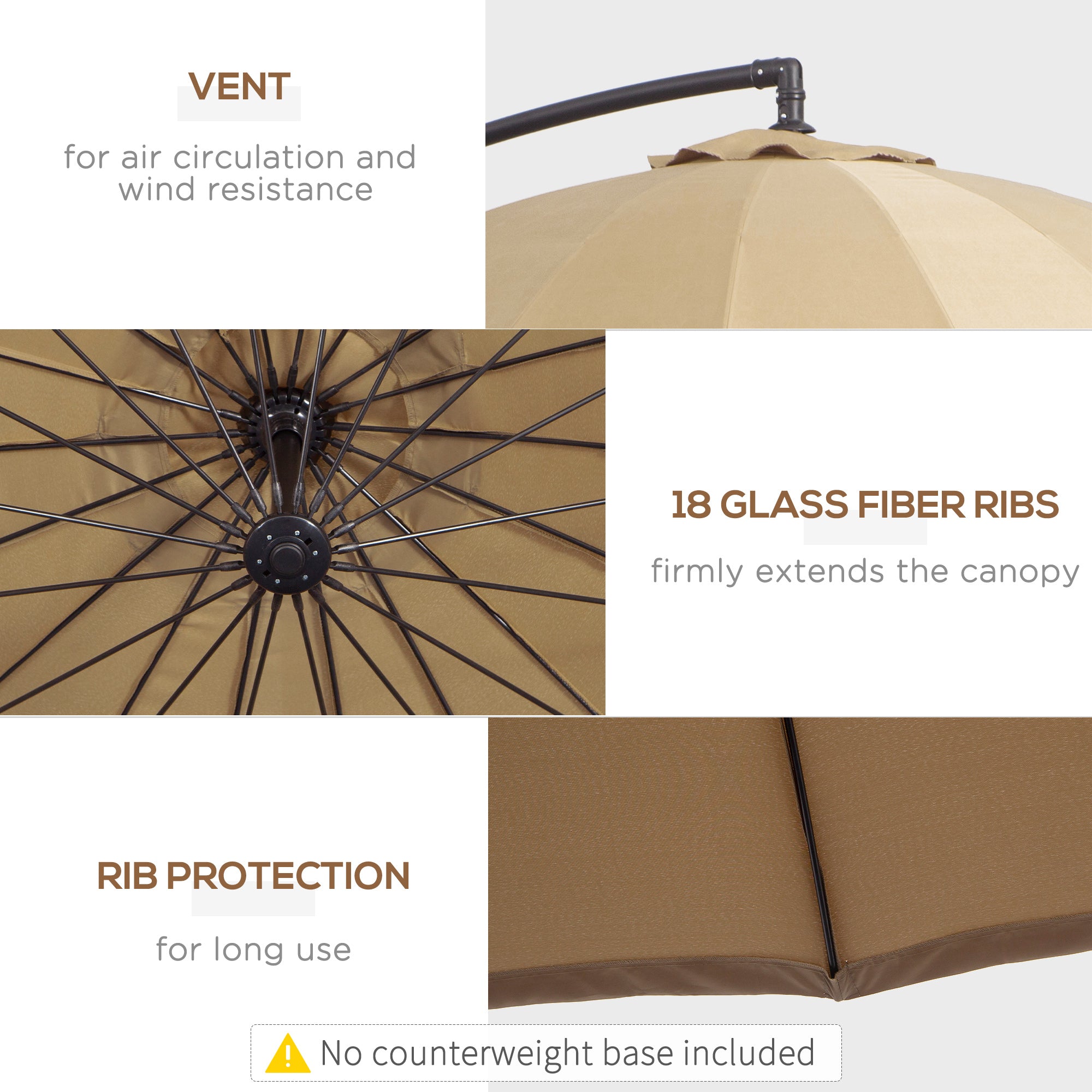 Outsunny 3(m) Cantilever Umbrella 18 Ribs & Vents Adjustable Angle for Patio Khaki - North Peak Garden Furniture