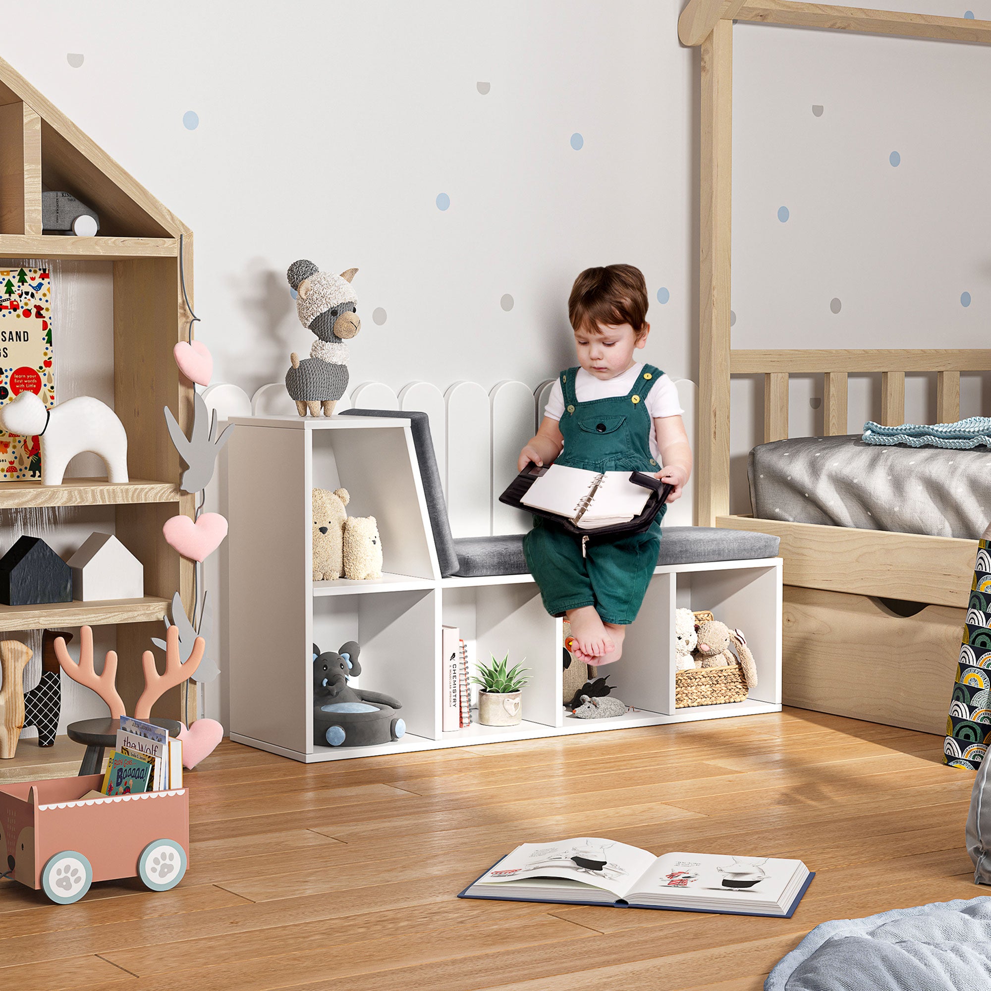 HOMCOM Bookcase Storage Shelf with Cushioned Reading Seat, Bookshelf Storage Cabinet for Study Living Room, White - North Peak Garden Furniture