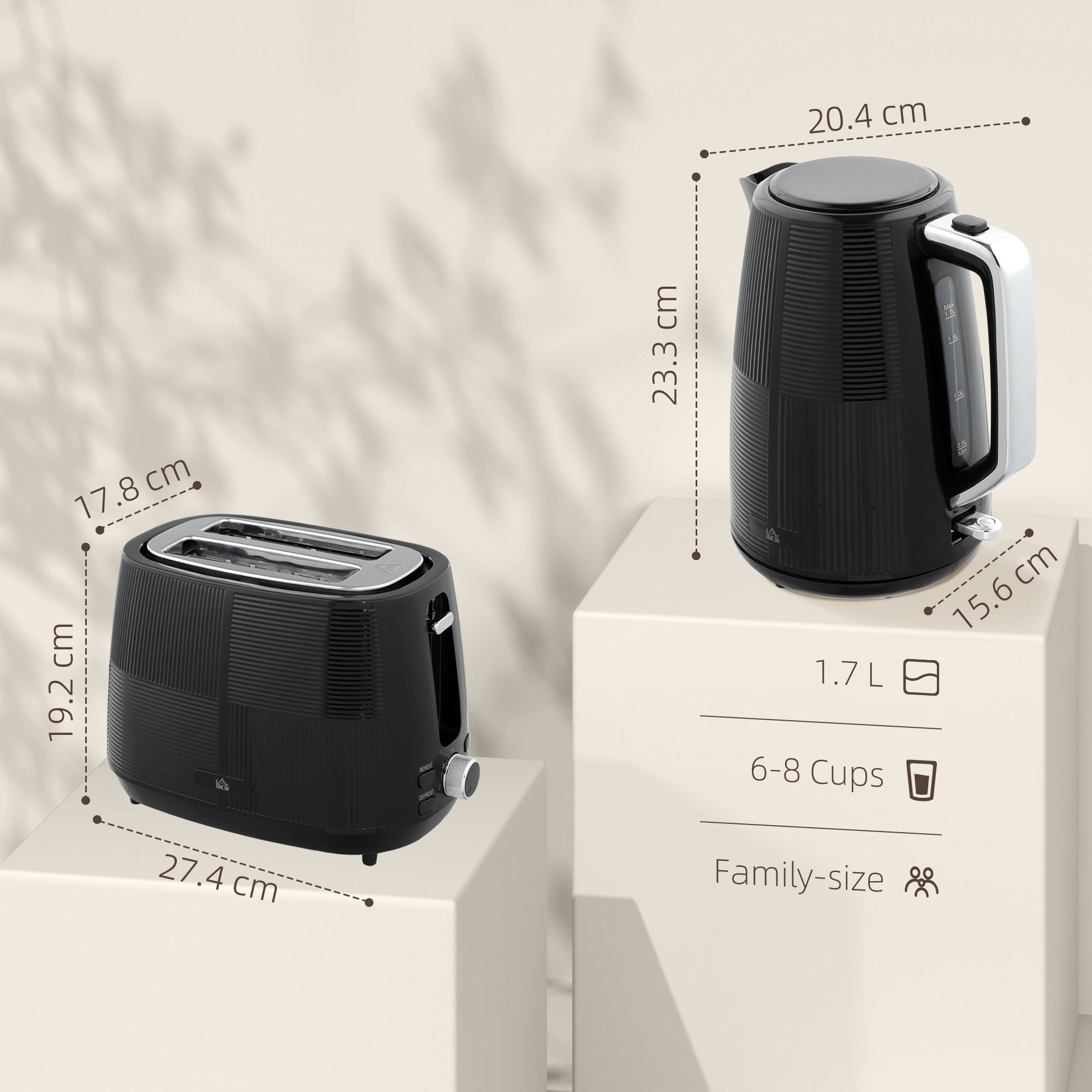 HOMCOM Kettle and Toaster Set, 1.7L 3000W Fast Boil Kettle & 2 Slice Toaster Kitchen Set with 7 Level Browning Controls, Defrost, Reheat, Boil-dry Protection, Black - North Peak Garden Furniture