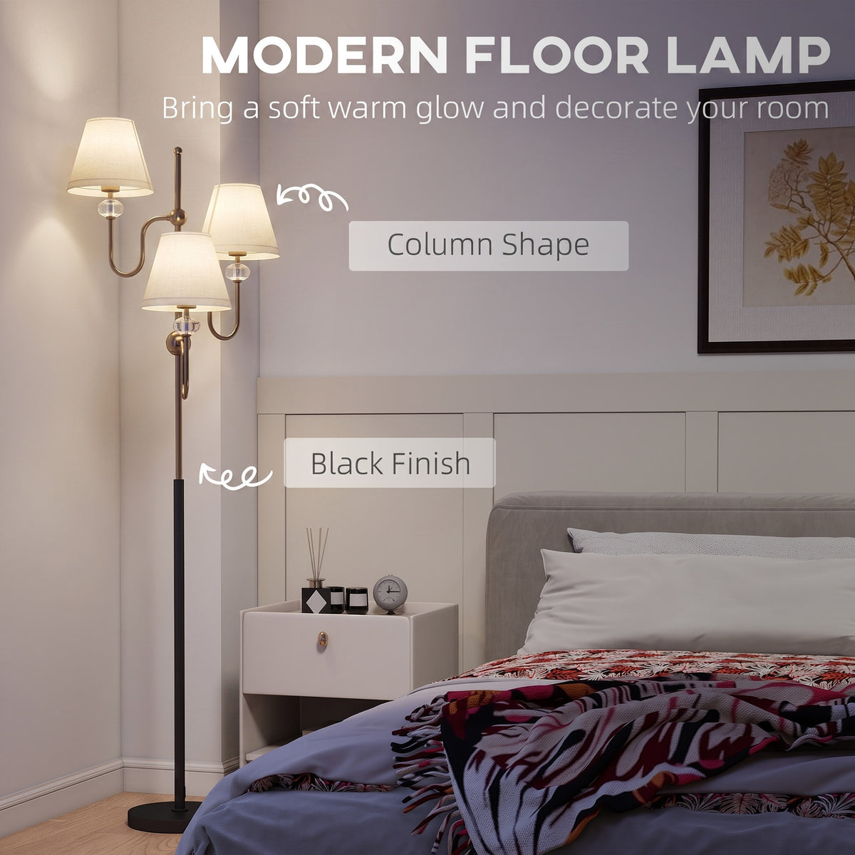 HOMCOM Floor Lamp, 165 cm Tall Standing Lamp with 3 Light and Foot Switch for Living Room, Bedroom, Bedside, Office, E27 Base Without Bulb (40W Max)