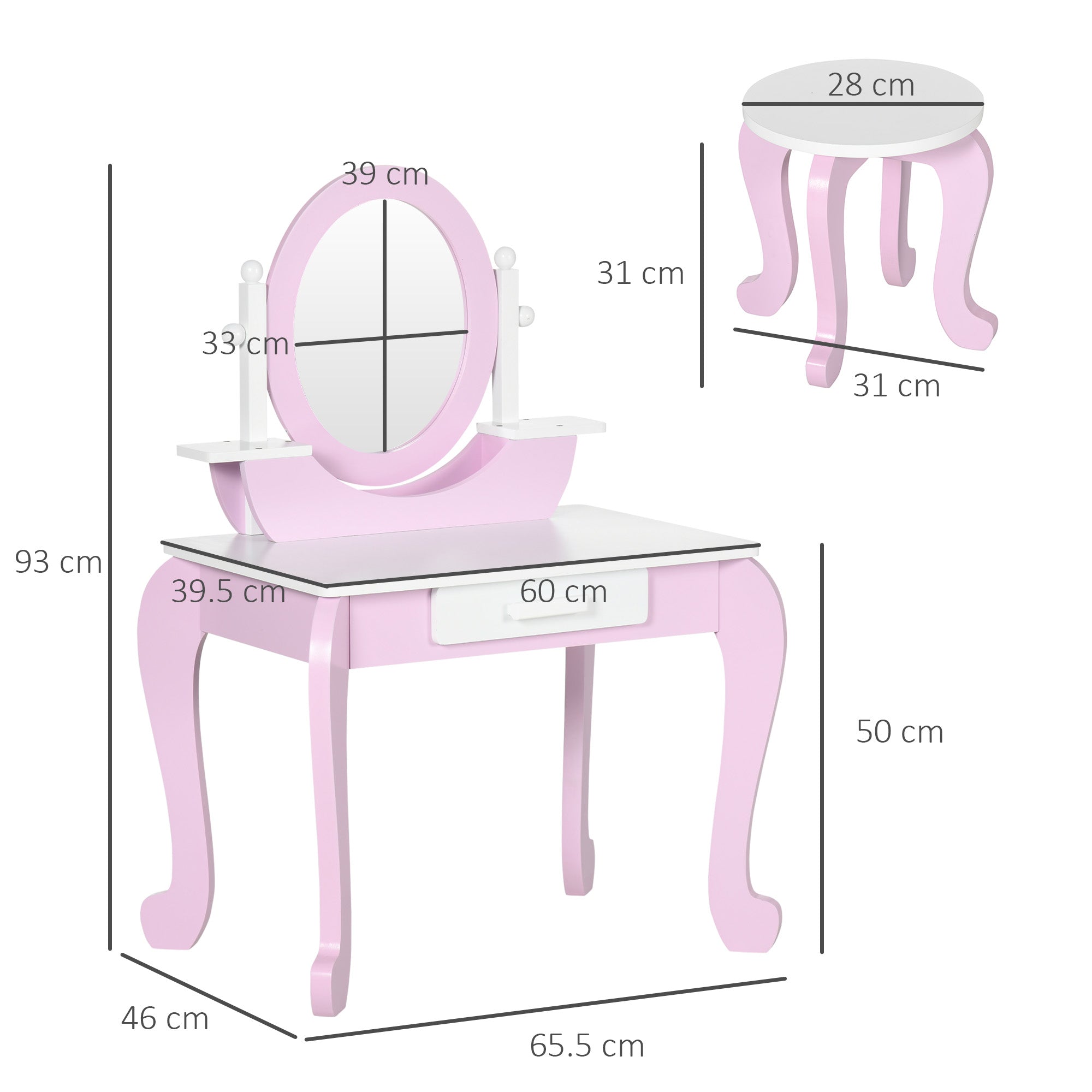 ZONEKIZ Kids Dressing Table Set, with Mirror, Stool, for Ages 3-6 Years - Pink