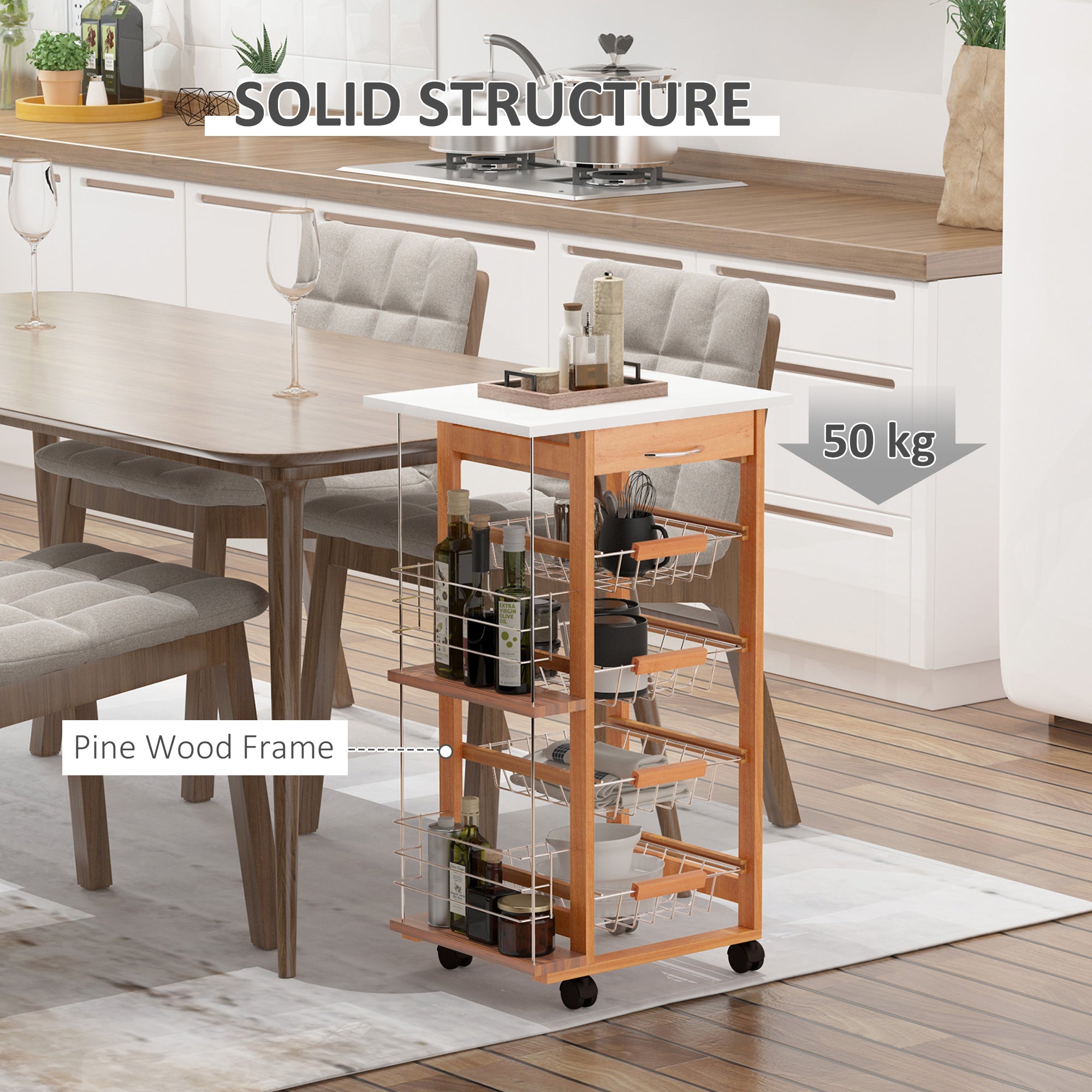 HOMCOM Rolling Kitchen Cart, Utility Storage Cart with 4 Basket Drawers & Side Racks, Wheels for Dining Room, Brown - North Peak Garden Furniture