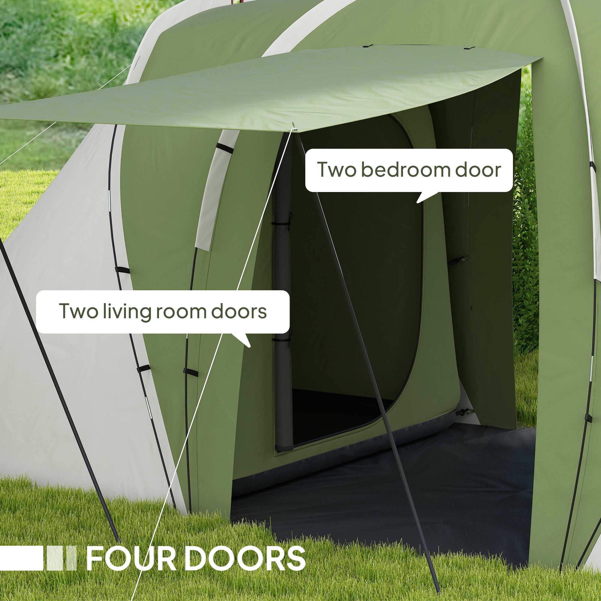 Outsunny Large Camping Tent Tunnel Tent with 2 Bedroom and Living Area, 2000mm Waterproof, Portable with Bag for 4-6 Man, Green - North Peak Garden Furniture
