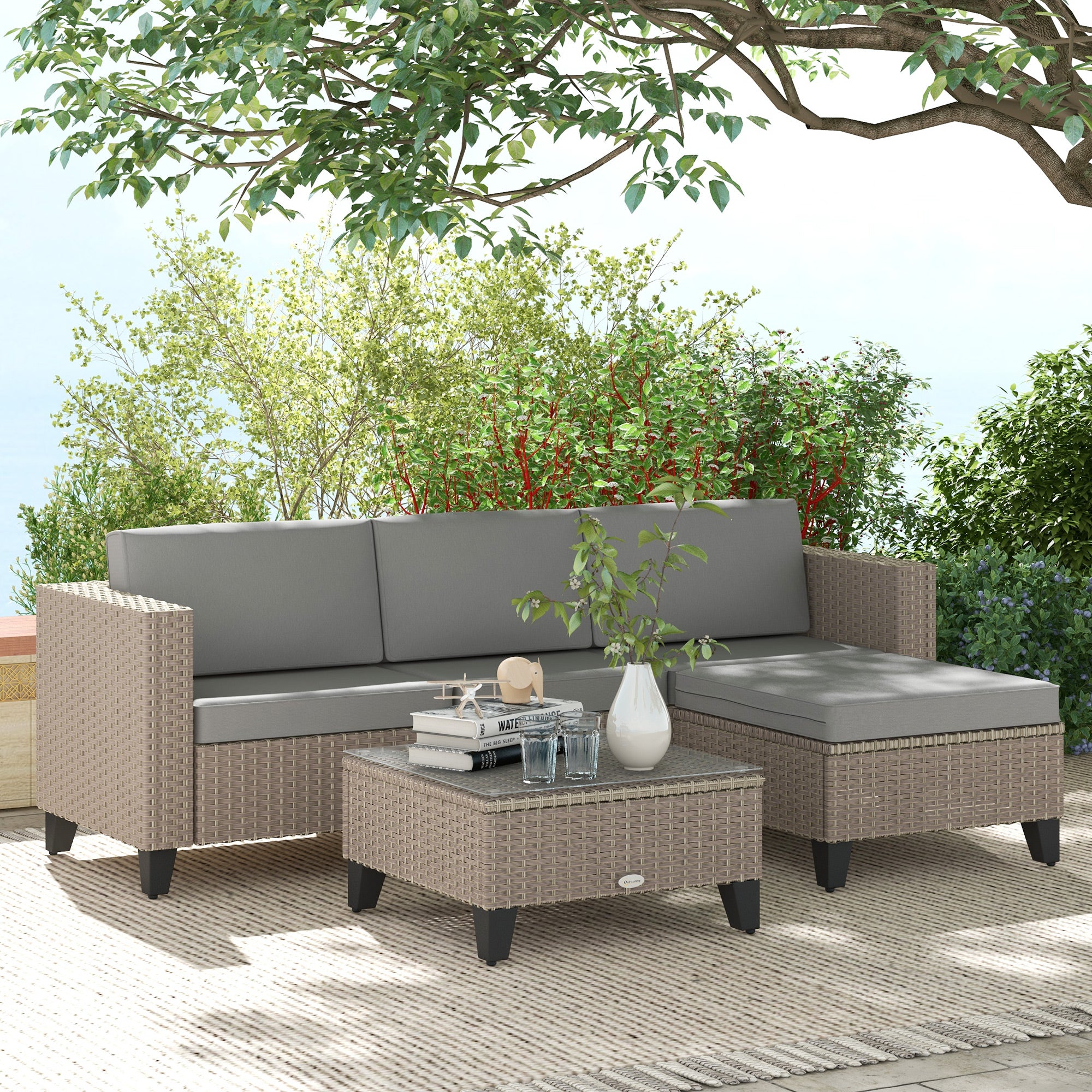 Outsunny 5-Piece Rattan Patio Furniture Set with Corner Sofa, Footstools, Coffee Table, for Poolside, Brown - North Peak Garden Furniture