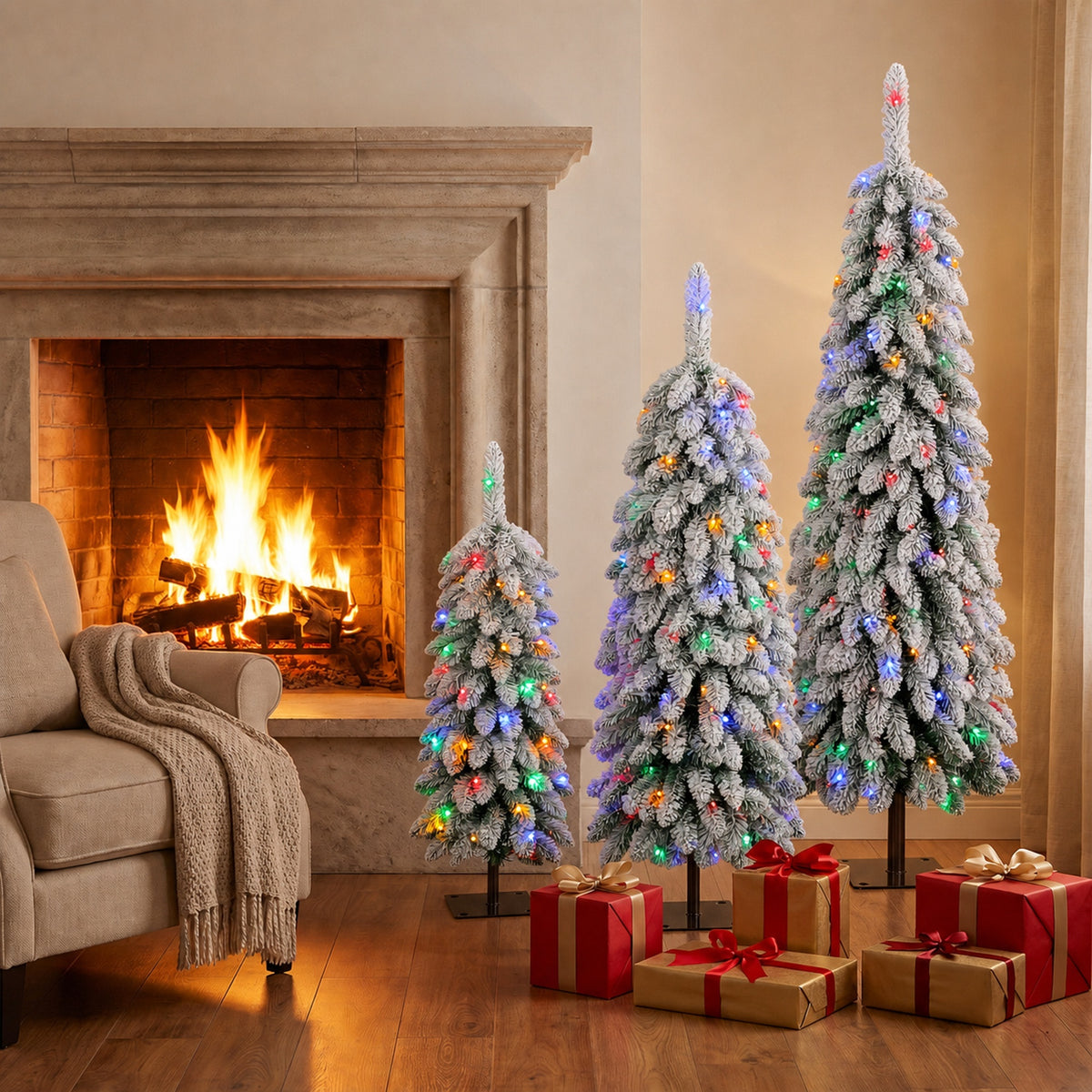 HOMCOM Artificial Christmas Tree Set of 3, Snowy Pre-Lit Christmas Tree with PVC Branch Tips, 90/120/150 cm, Green White