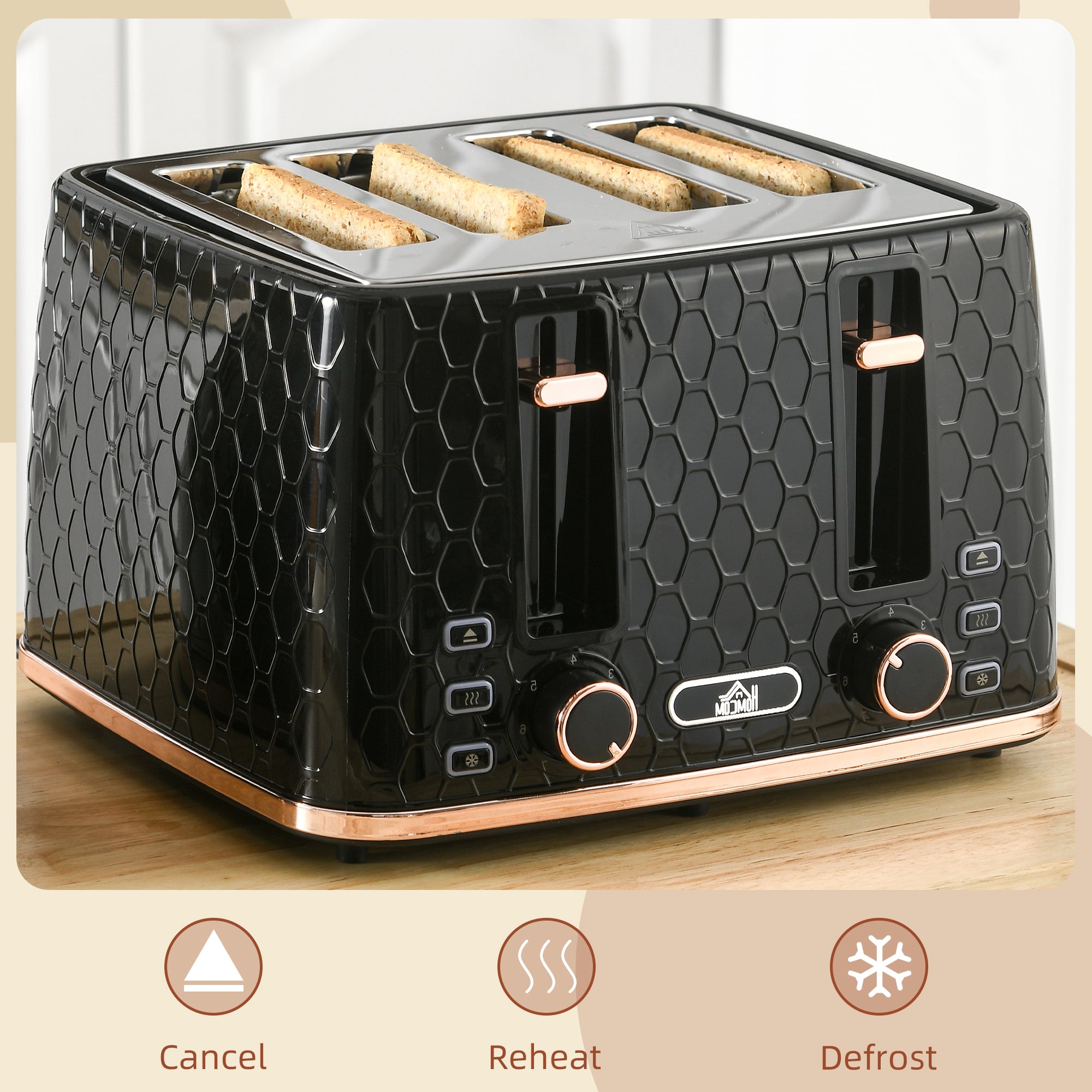 HOMCOM 4 Slice Toaster with 7 Browning Levels, High Lift, Reheat/Defrost/Cancel, Self-centring Function, Removable Crumb Tray, Auto Off, 1600W, Black Honeycomb Texture - North Peak Garden Furniture