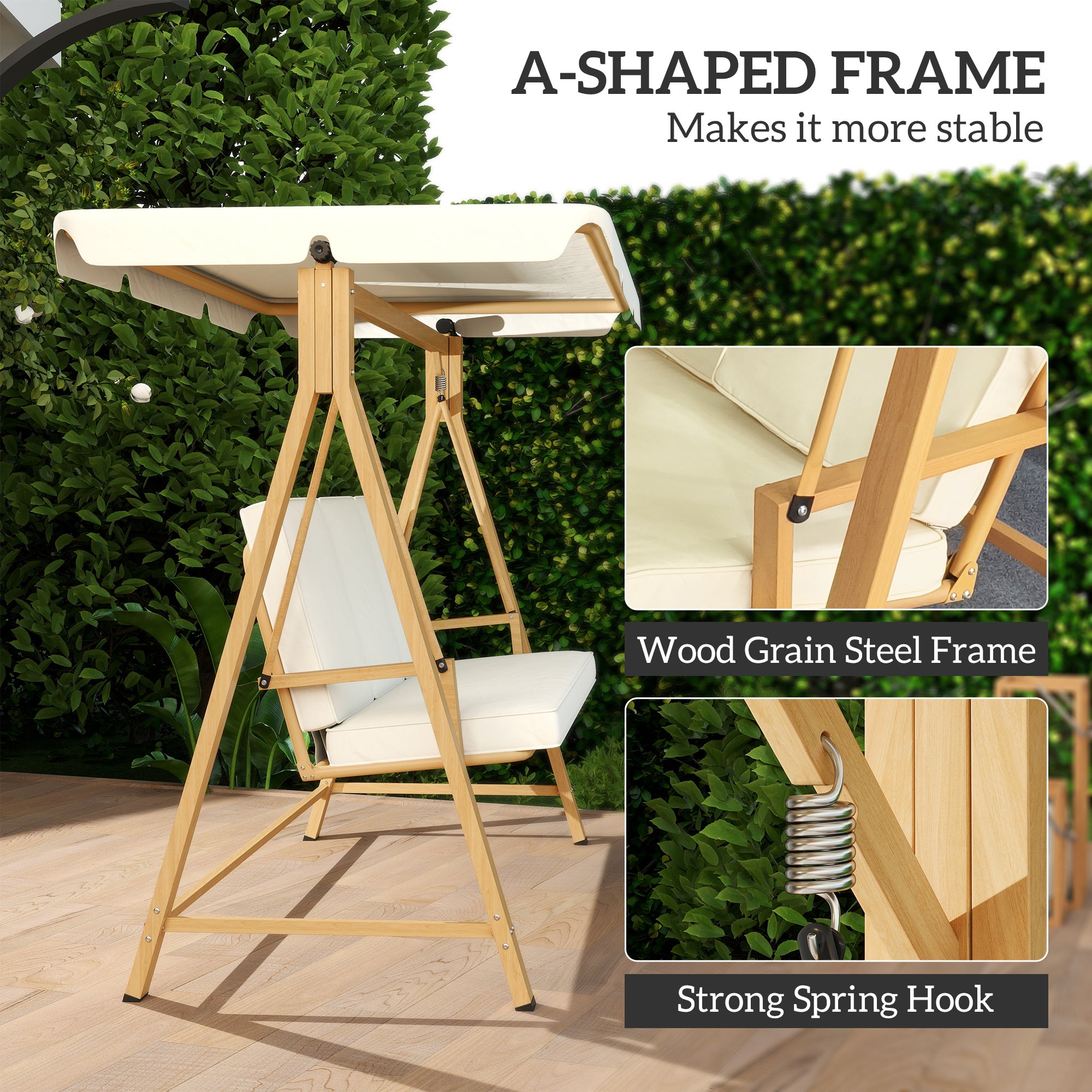 Outsunny Three-Seater Garden Swing Bench, with Adjustable Canopy - Beige - North Peak Garden Furniture
