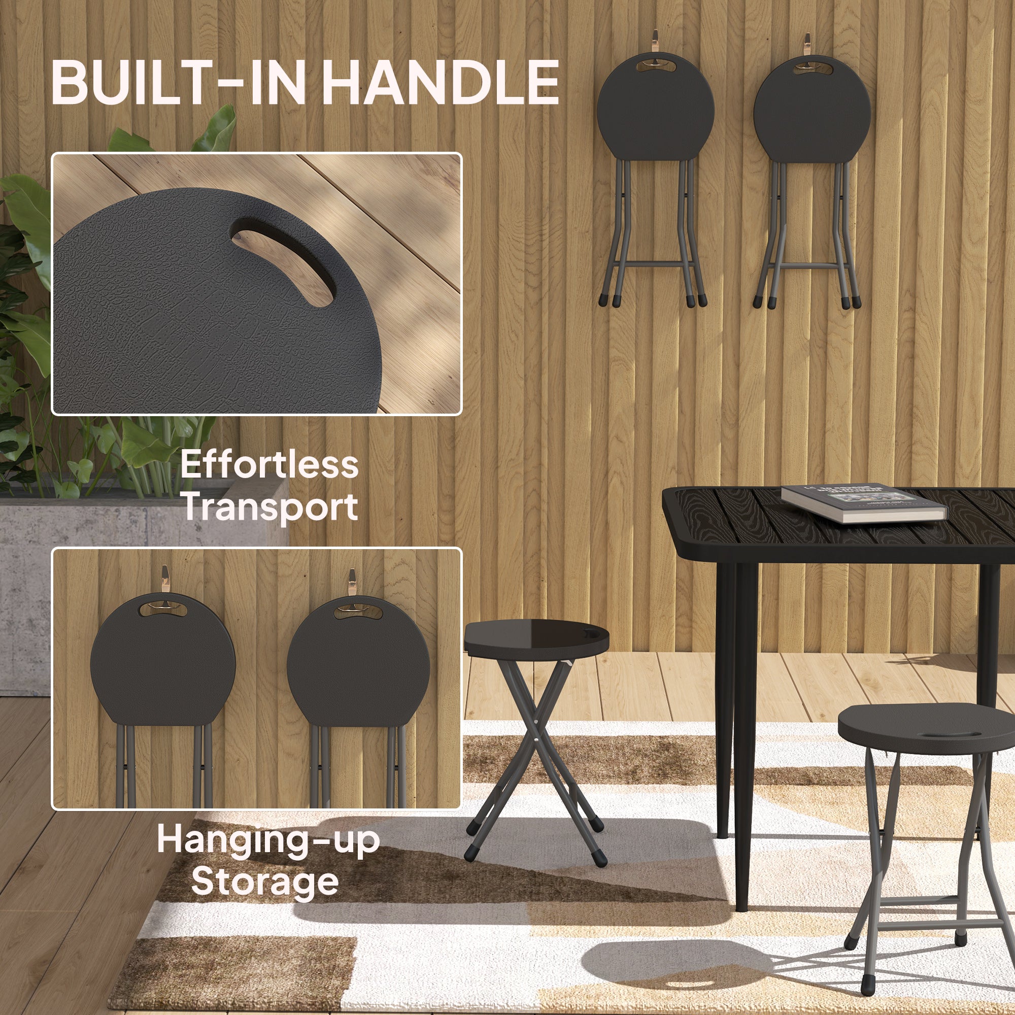 Outsunny Folding Stool Set of 4, Decorative Garden Stool Set with Safety Latch, Foldable Garden Stools with Powder-Coated Steel Legs HDPE Seat and Handle for Indoor and Outdoor, Charcoal Grey - North Peak Garden Furniture
