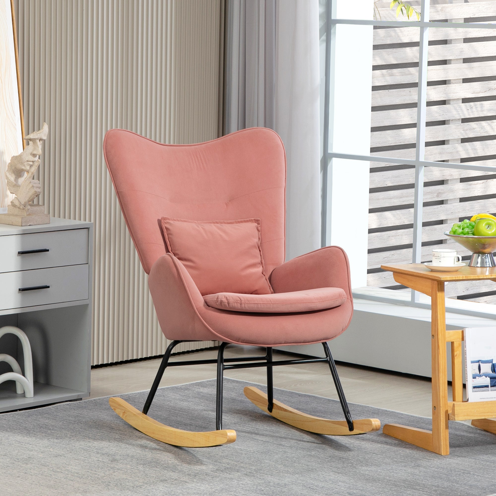 HOMCOM Velvet Rocking Chair Armchair with Lumbar Pillow, Metal Legs and Wood Base for Living Room, Bedroom, Pink