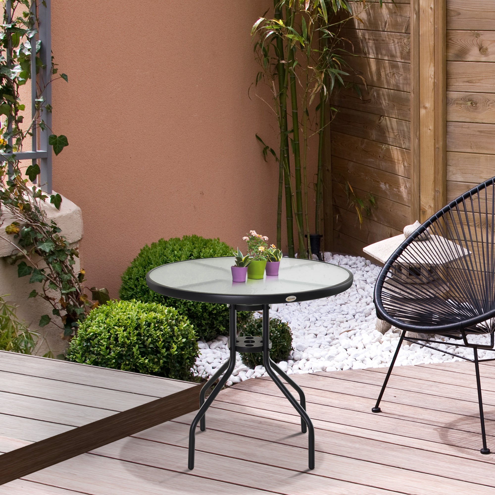Outsunny Bistro Table Outdoor Round Dining Coffee Table with Parasol Hole, Tempered Glass Top Side Table Patio Garden - 80cm Diameter - North Peak Garden Furniture
