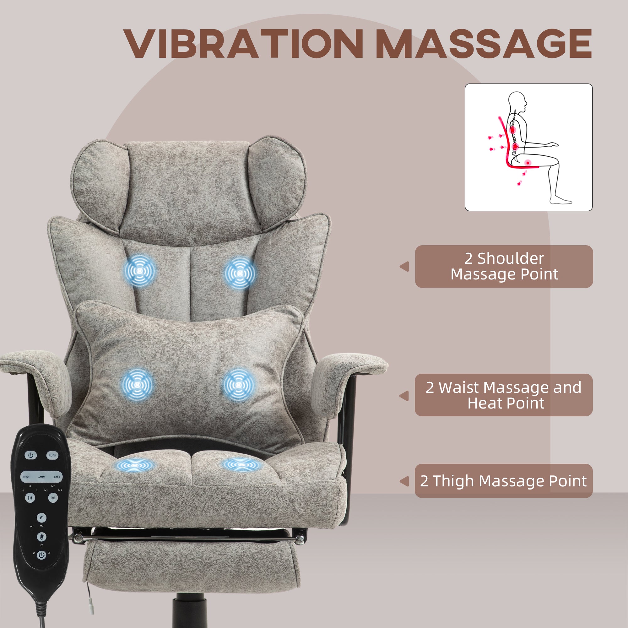 HOMCOM Massage Office Chair with 6 Point Massage and Heat, Desk Chair with Footrest, Reclining Backrest, Swivel Wheels, Adjustable Height, Grey