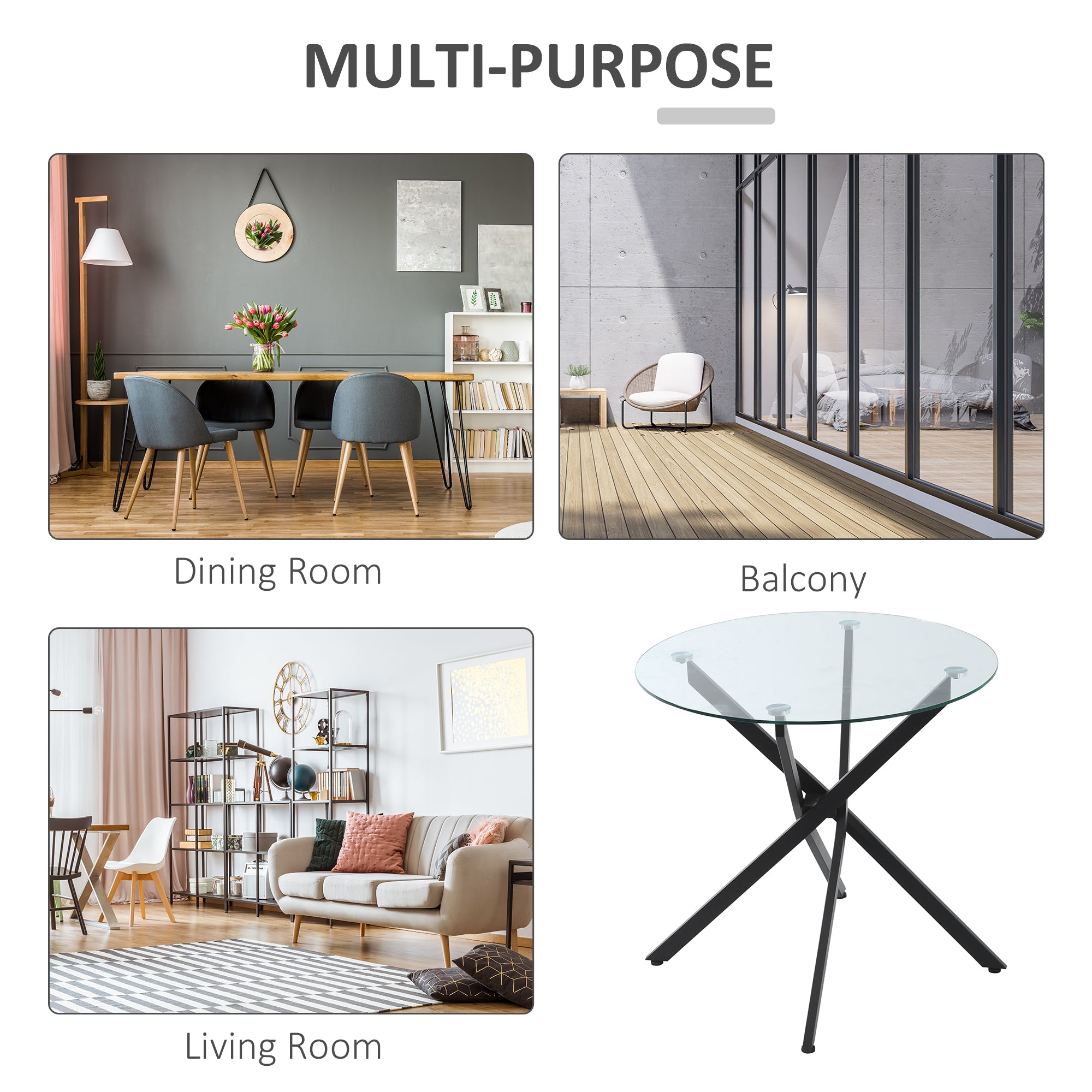 HOMCOM Dining Table with Clear Tempered Glass Top, Round Table with Metal Legs, Modern Kitchen Table for Dining Room Living Room, Black - North Peak Garden Furniture