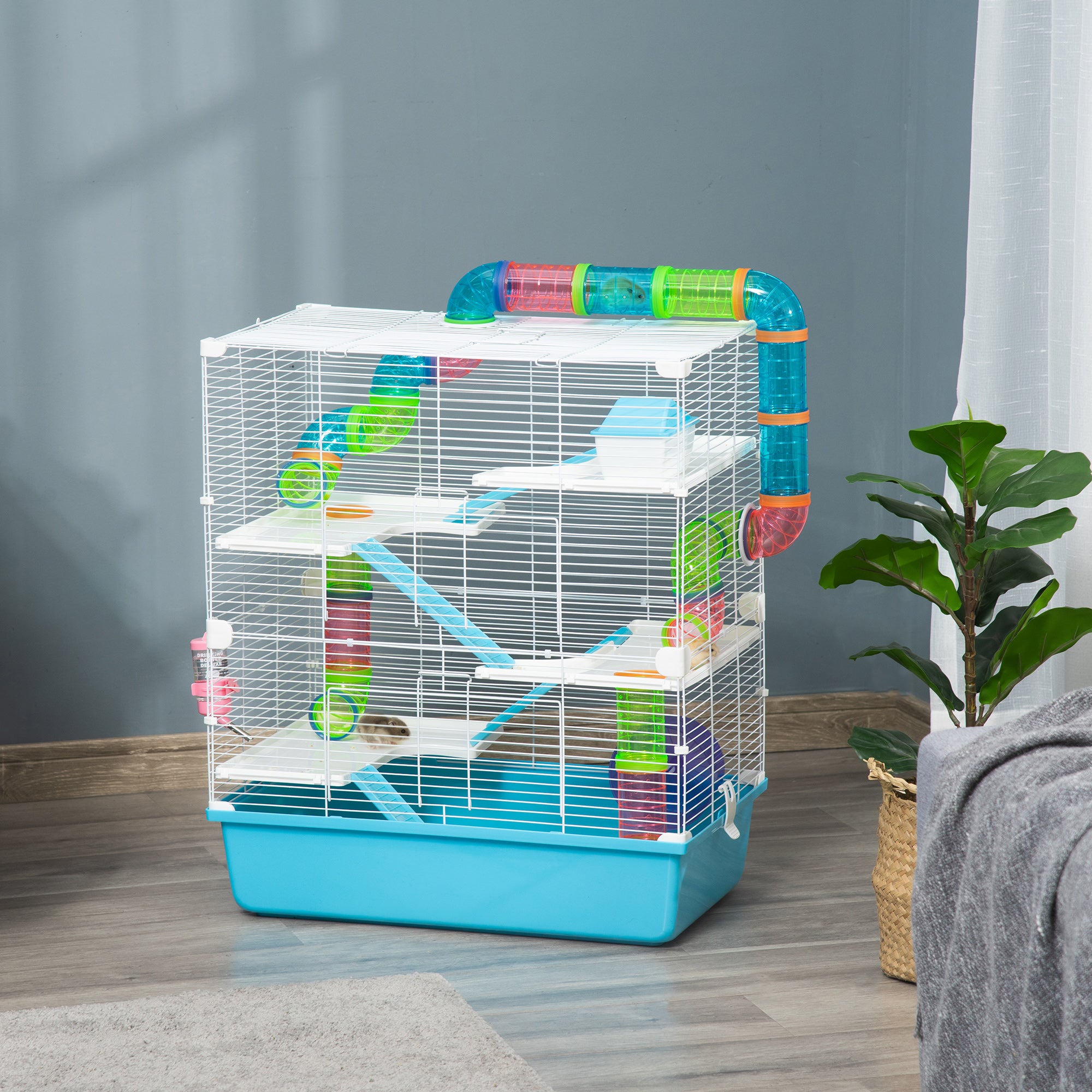 PawHut Hamster Cage w/ Water Bottle, Exercise Wheel, Tubes, Ramps - Light Blue - North Peak Garden Furniture