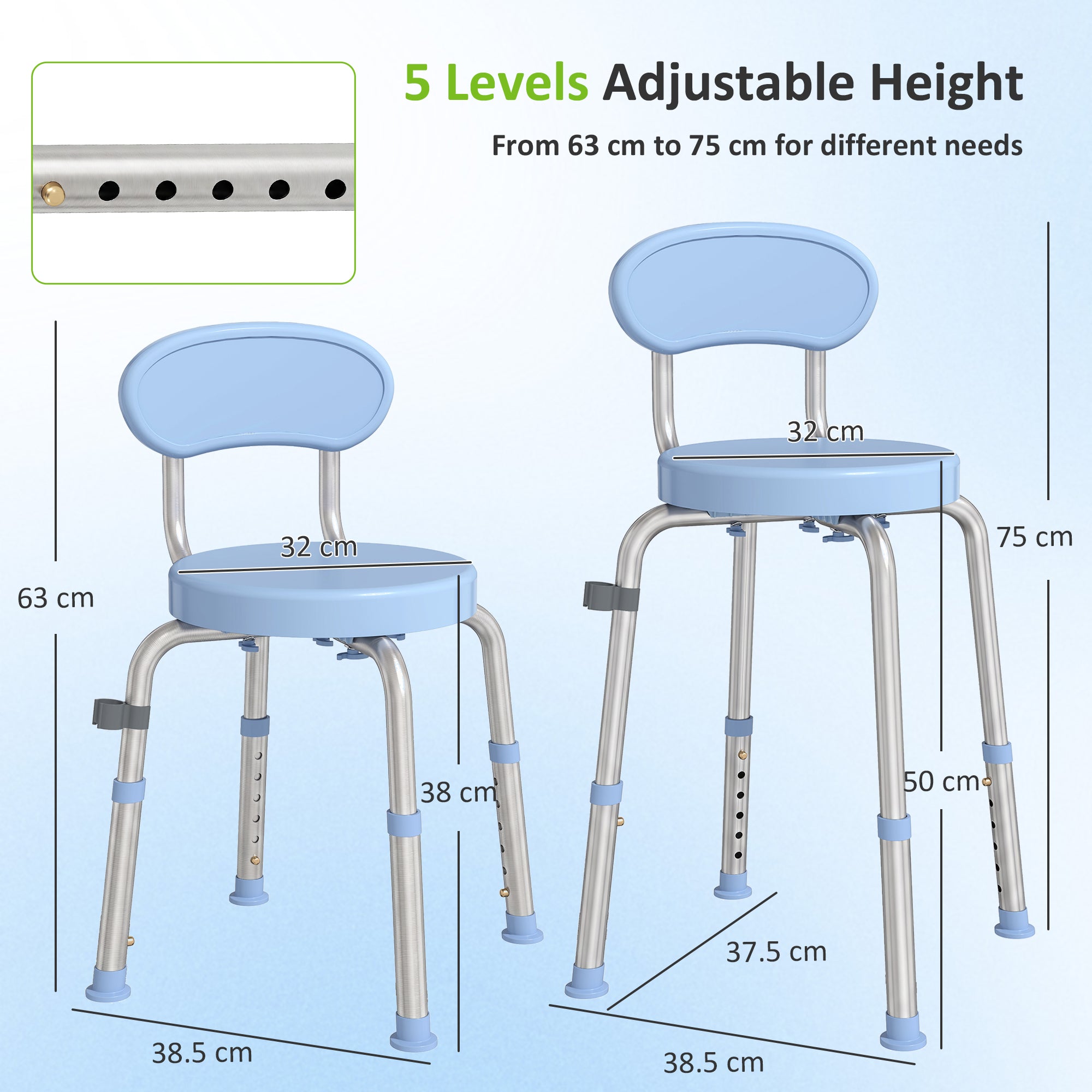 HOMCOM 360° Swivel Shower Stool with Aluminium Frame, 5-Level Adjustable Height, Backrest, Non-Slip Shower Chair for Elderly