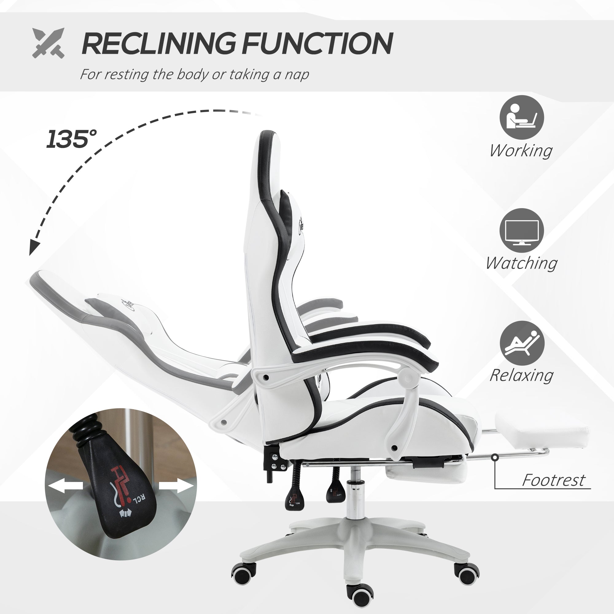 Vinsetto Computer Gaming Chair, PU Leather Desk Chair with Footrest, Swivel Task Chair with 135° Reclining Back and Lumbar Support, PC Chair for Adults, White and Black - North Peak Garden Furniture