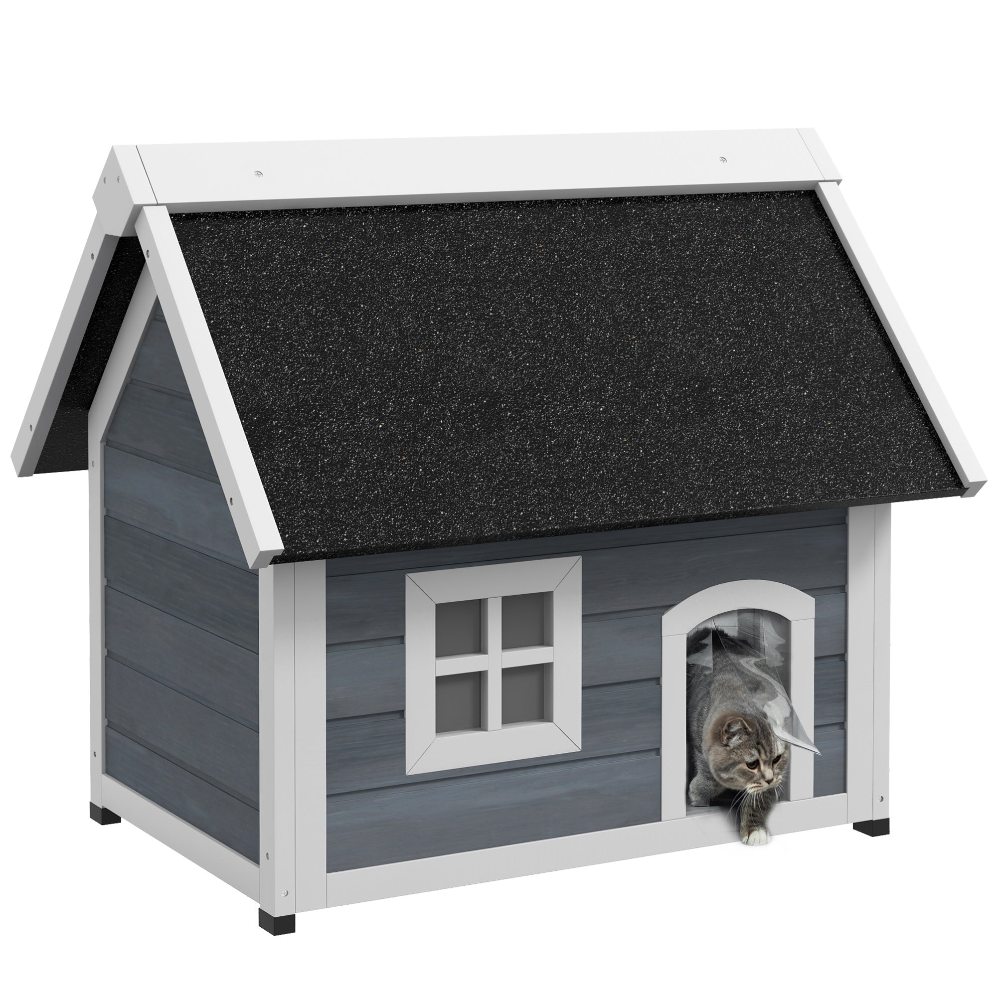 PawHut Outdoor Cat House, Wooden Feral Cat Shelter, with Openable Asphalt Roof, Three Doors - Grey - North Peak Garden Furniture