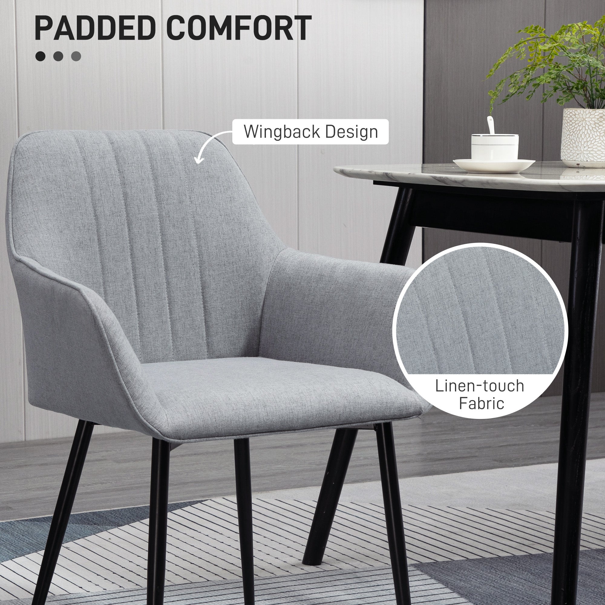 HOMCOM Dining Chairs Set of 4, Upholstered Linen Fabric Kitchen Chairs with Metal Legs for Living Room Dining Room, Light Grey