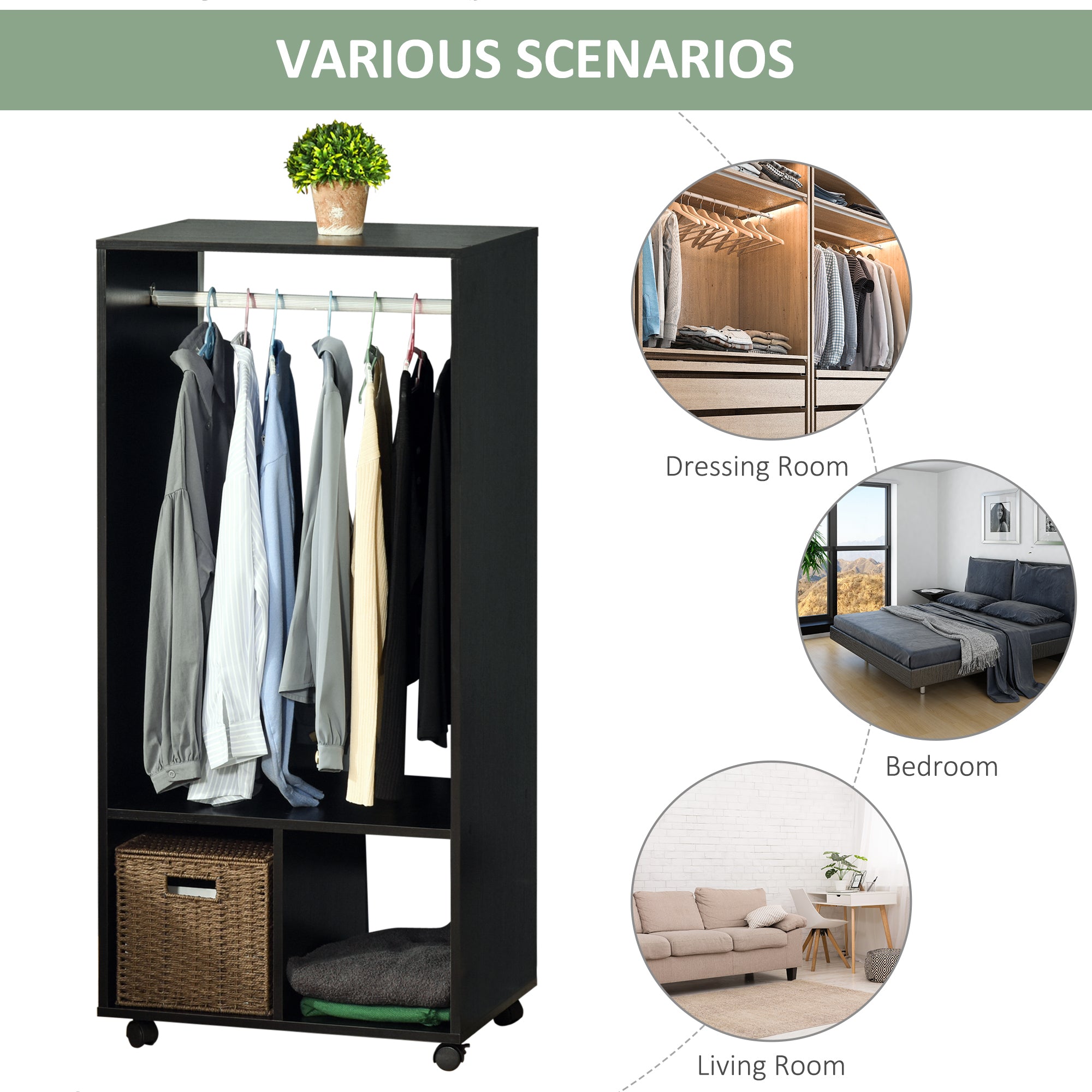 HOMCOM Open Wardrobe for Bedroom, Small Wardrobe on Wheels with Clothes Rail, Storage Shelves, Mobile Garment Rack for Clothes Storage, Cloakroom, Hallway, Black - North Peak Garden Furniture