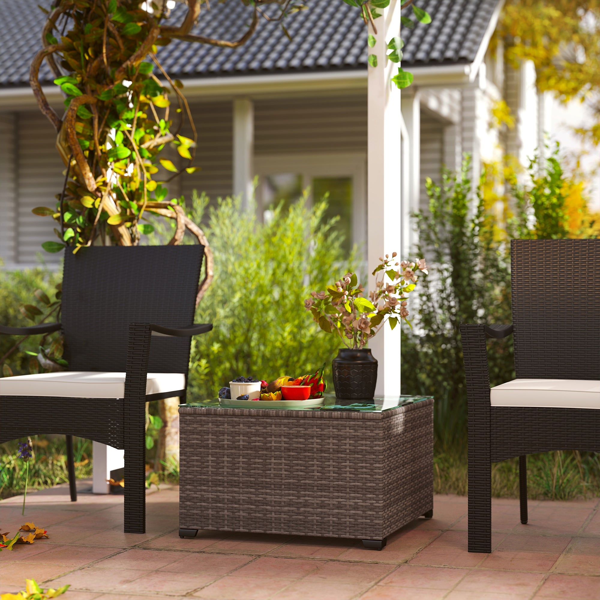 Outsunny 62 x 62cm Glass-Top Rattan Side Table - Black - North Peak Garden Furniture