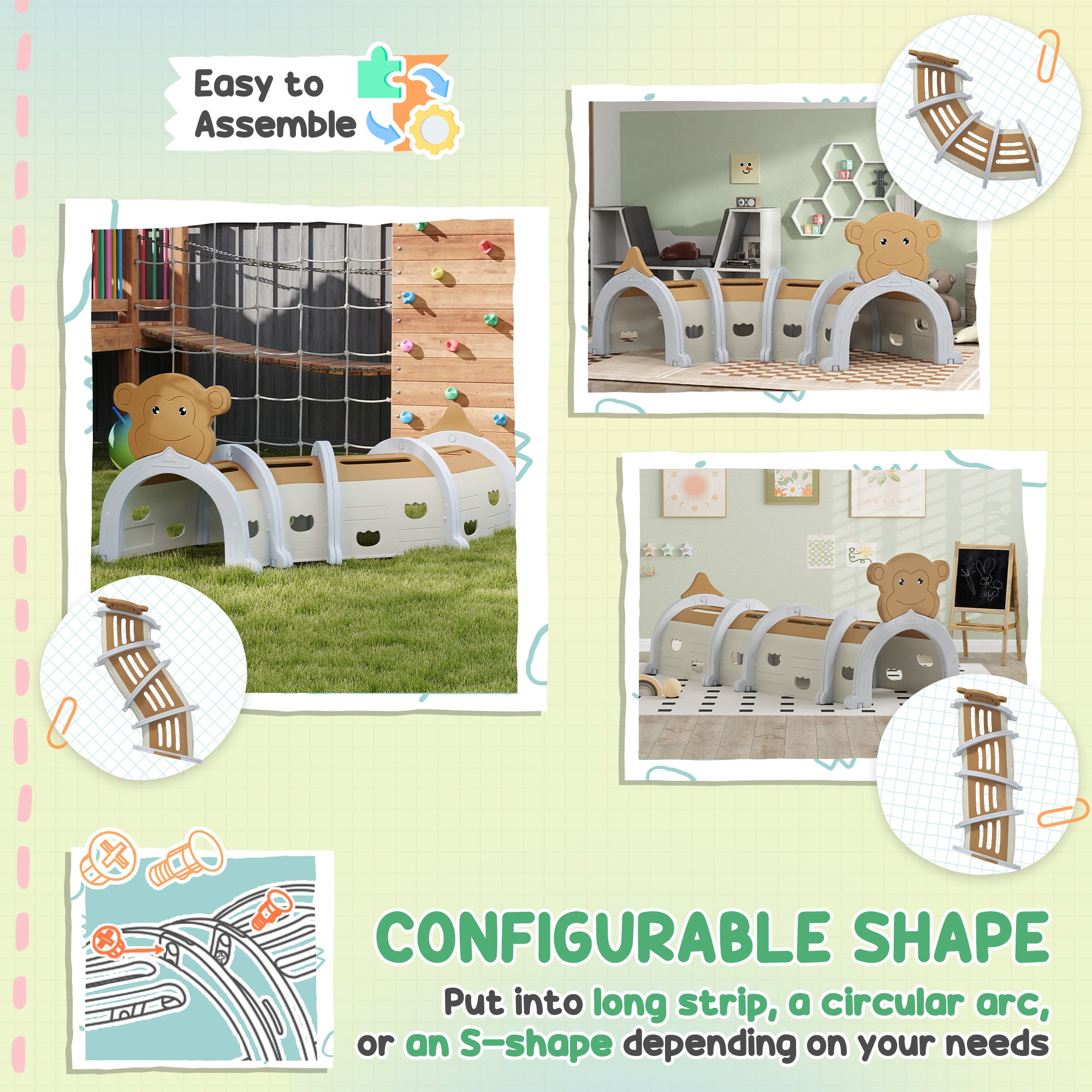 AIYAPLAY Monkey Design Kids Play Tunnel for Crawl and Climb, for 3-6 Years, Brown - North Peak Garden Furniture