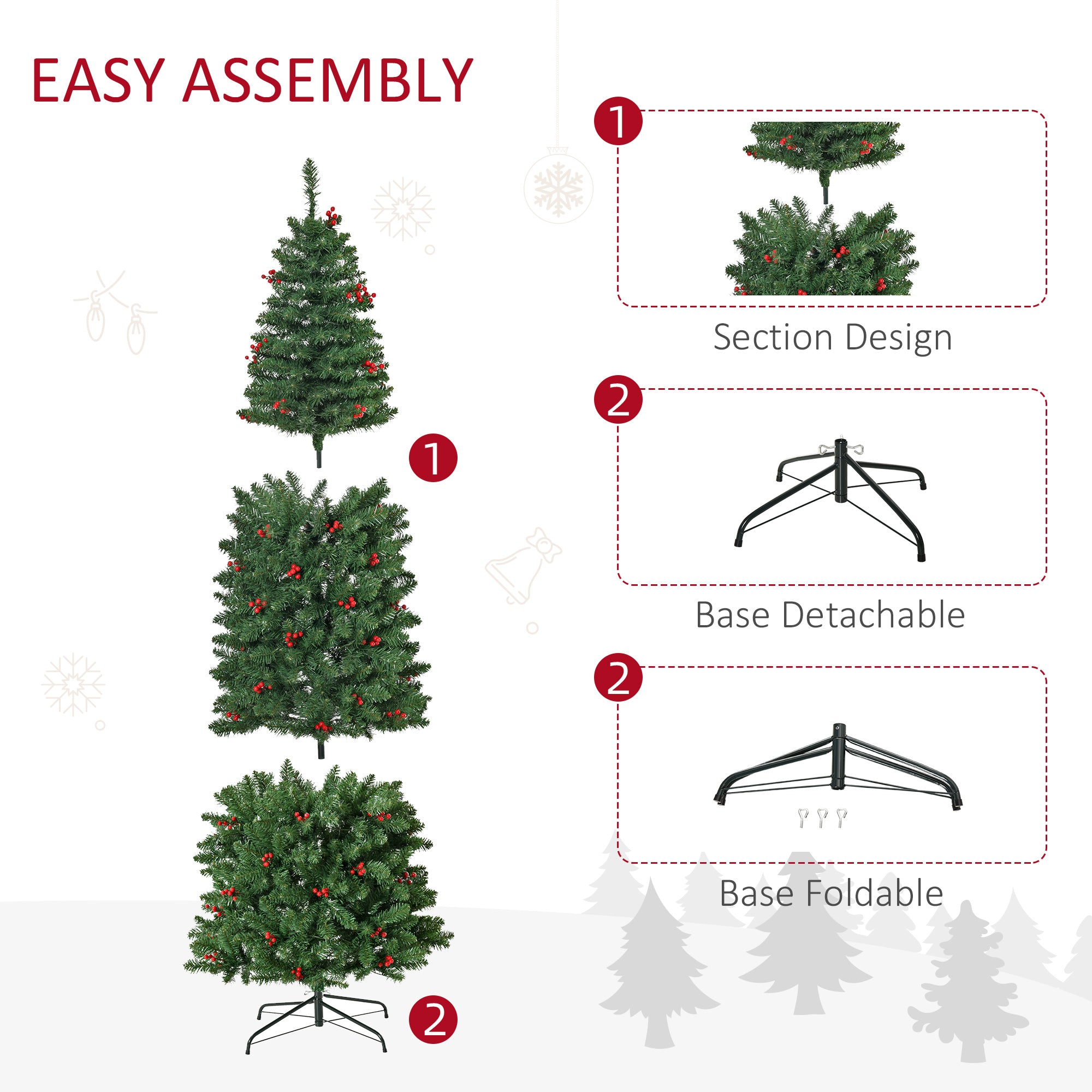 HOMCOM 7FT Prelit Artificial Pencil Christmas Tree with Warm White LED Light, Red Berry, Holiday Home Xmas Decoration, Green - North Peak Garden Furniture