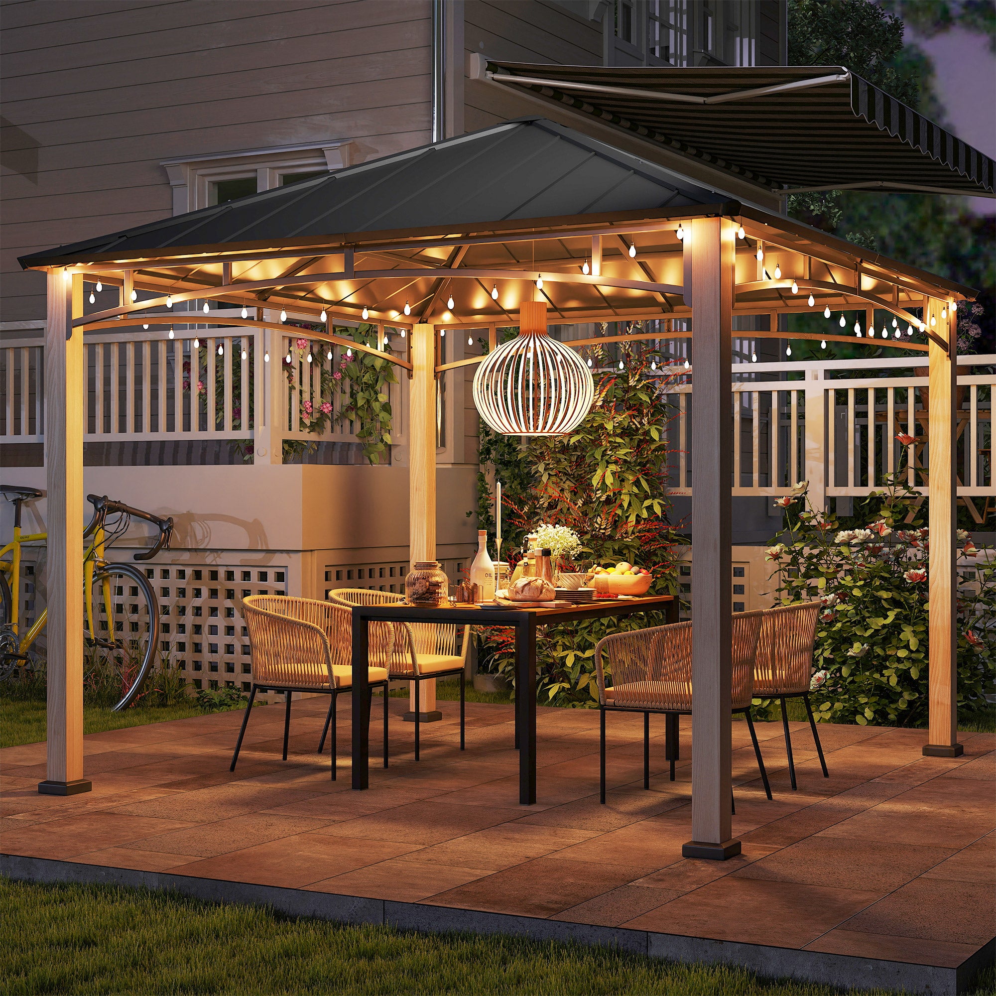 Outsunny 3 x 3 m Decorative Metal Gazebo - Black/Wood-Effect - North Peak Garden Furniture