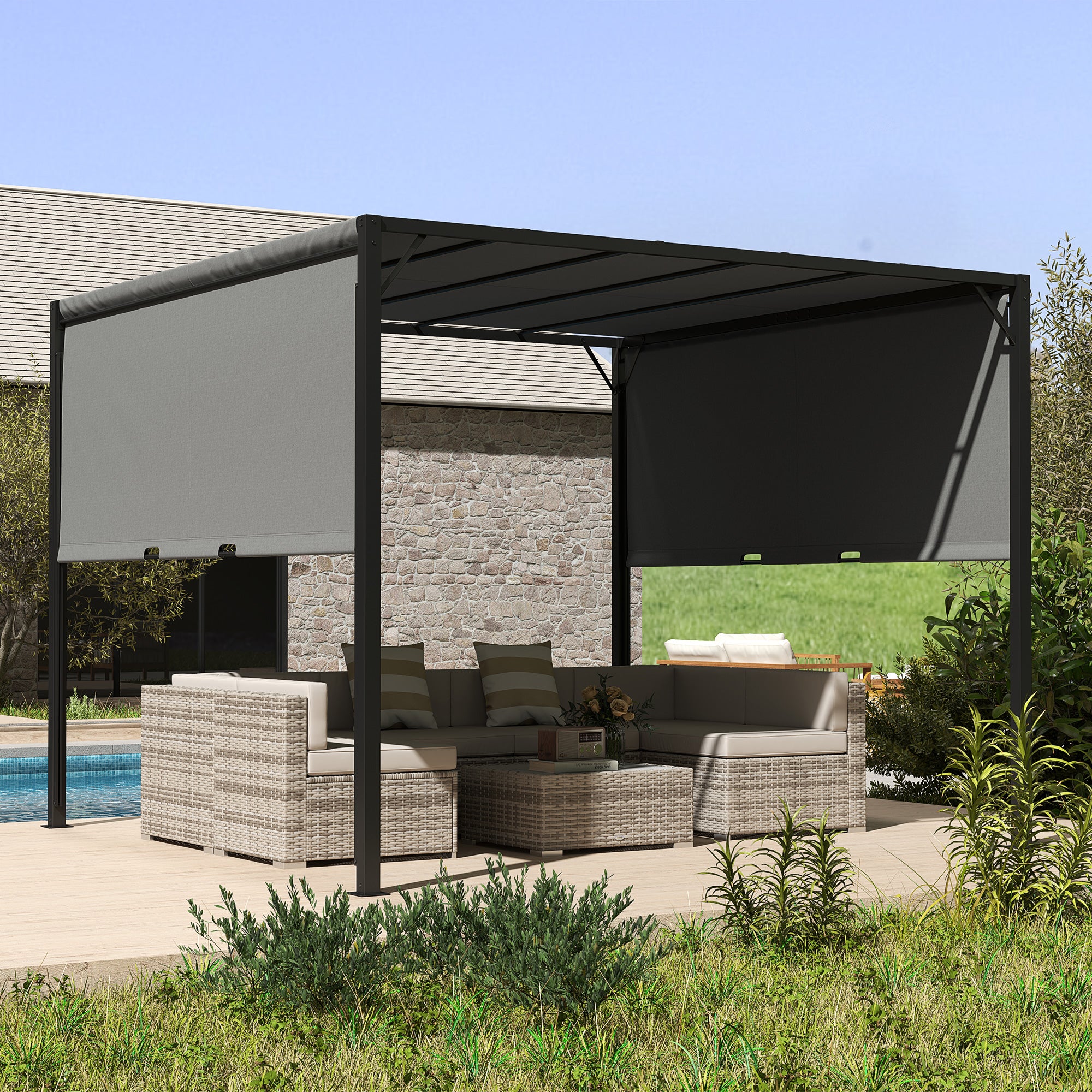 Outsunny 3 X 3 Meters Pergola with Retractable Roof, Garden Gazebo with Adjustable Sun Shade Canopy and Steel Frame, Charcoal Grey - North Peak Garden Furniture