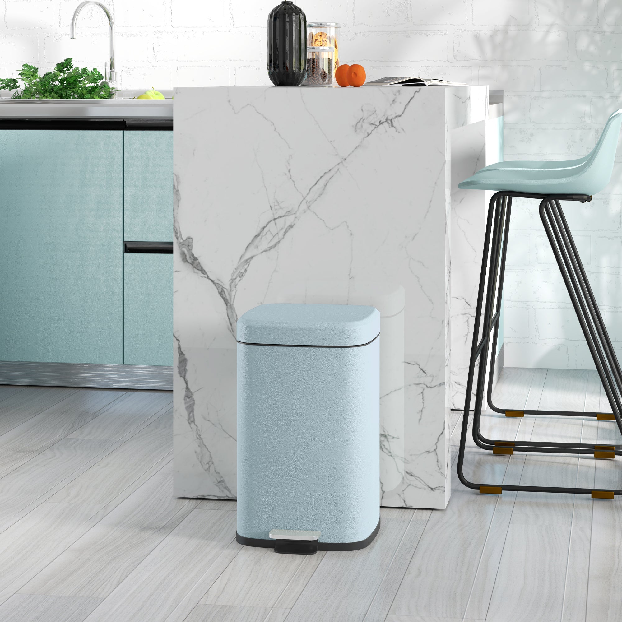 HOMCOM 20L Modern Boxy Metal Home Kitchen Bin - Light Green - North Peak Garden Furniture