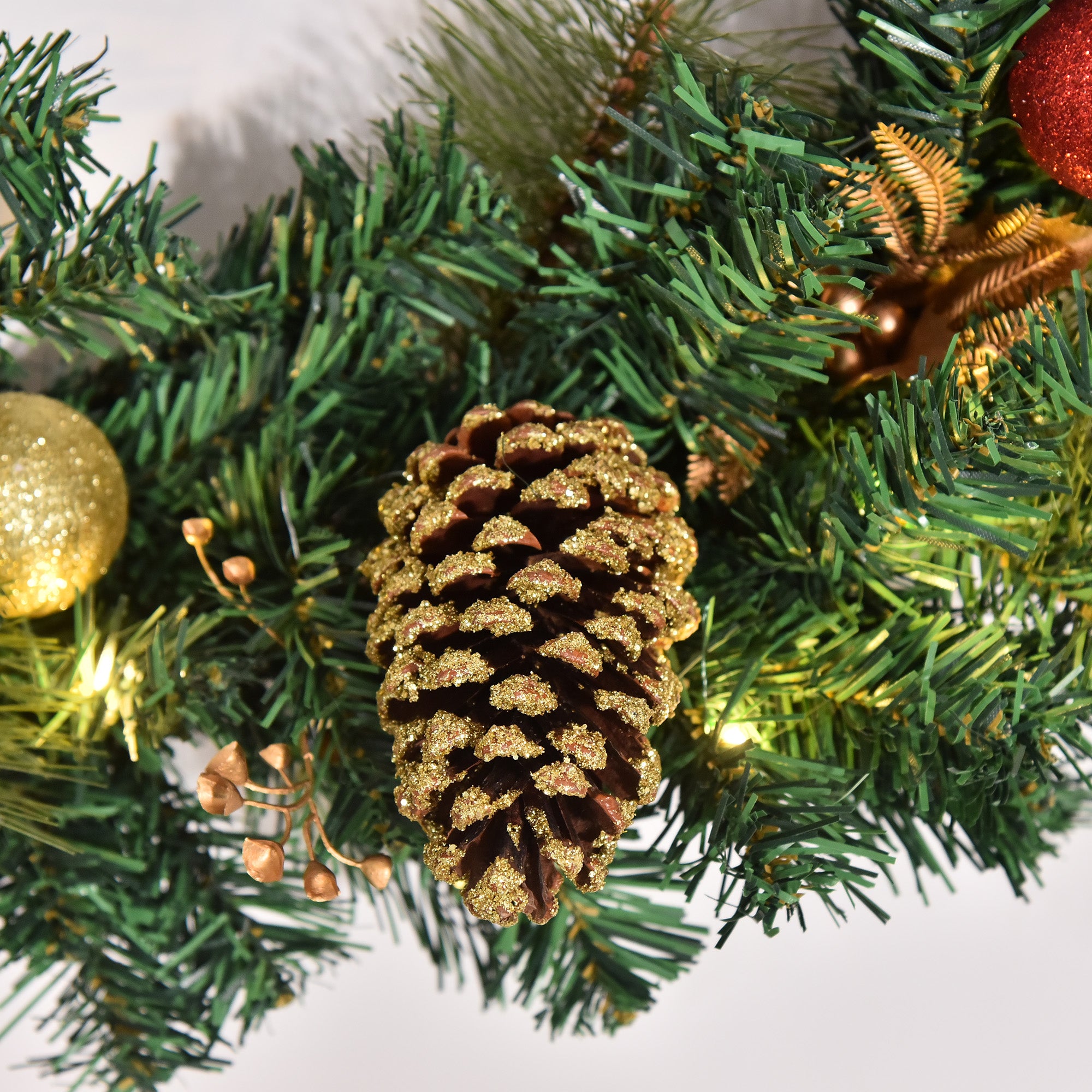 HOMCOM 60cm Pre-Lit Artificial Christmas Door Wreath Holly LED Decor Pine Cones Hanging Glittered Festival Indoor Outdoor Decoration - North Peak Garden Furniture