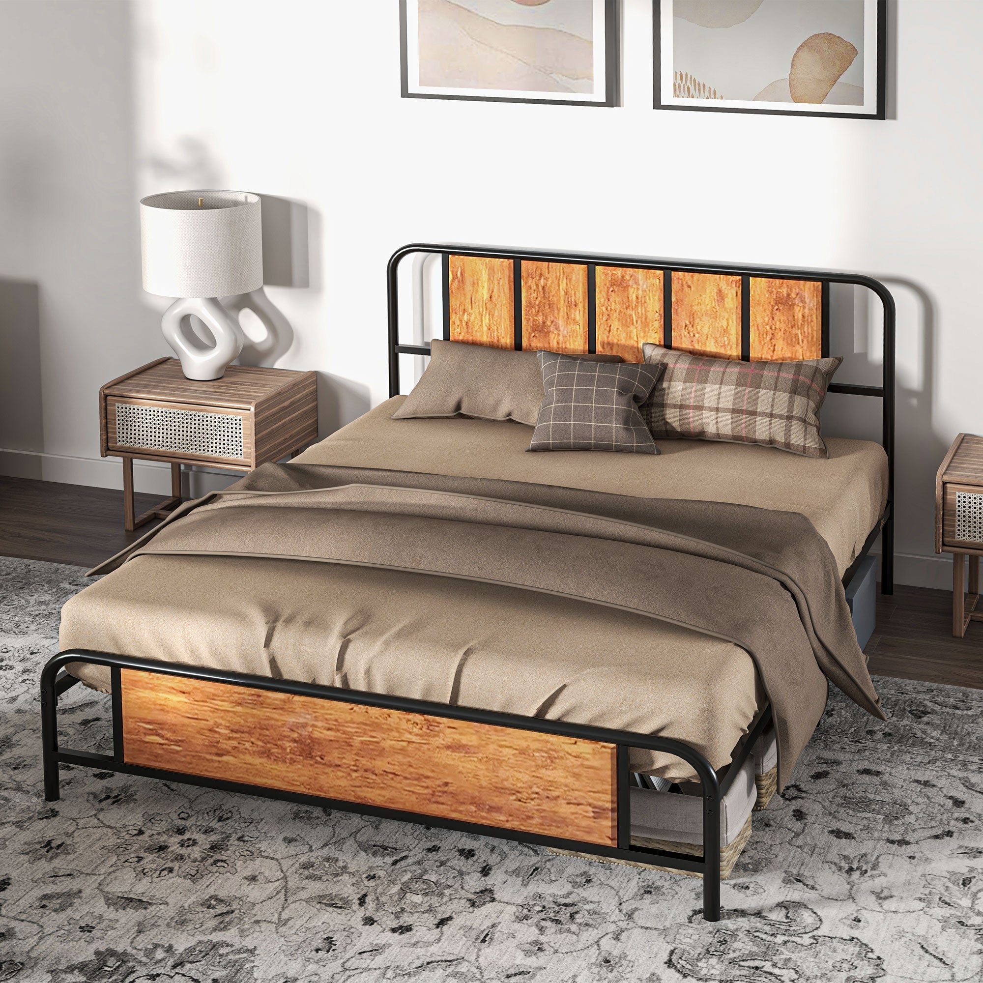 HOMCOM 5.2ft King Bed Frame with Industrial Wood Headboard, Steel Slat Support and 31cm Underbed Storage Space, 160 x 207cm, Rustic Brown - North Peak Garden Furniture