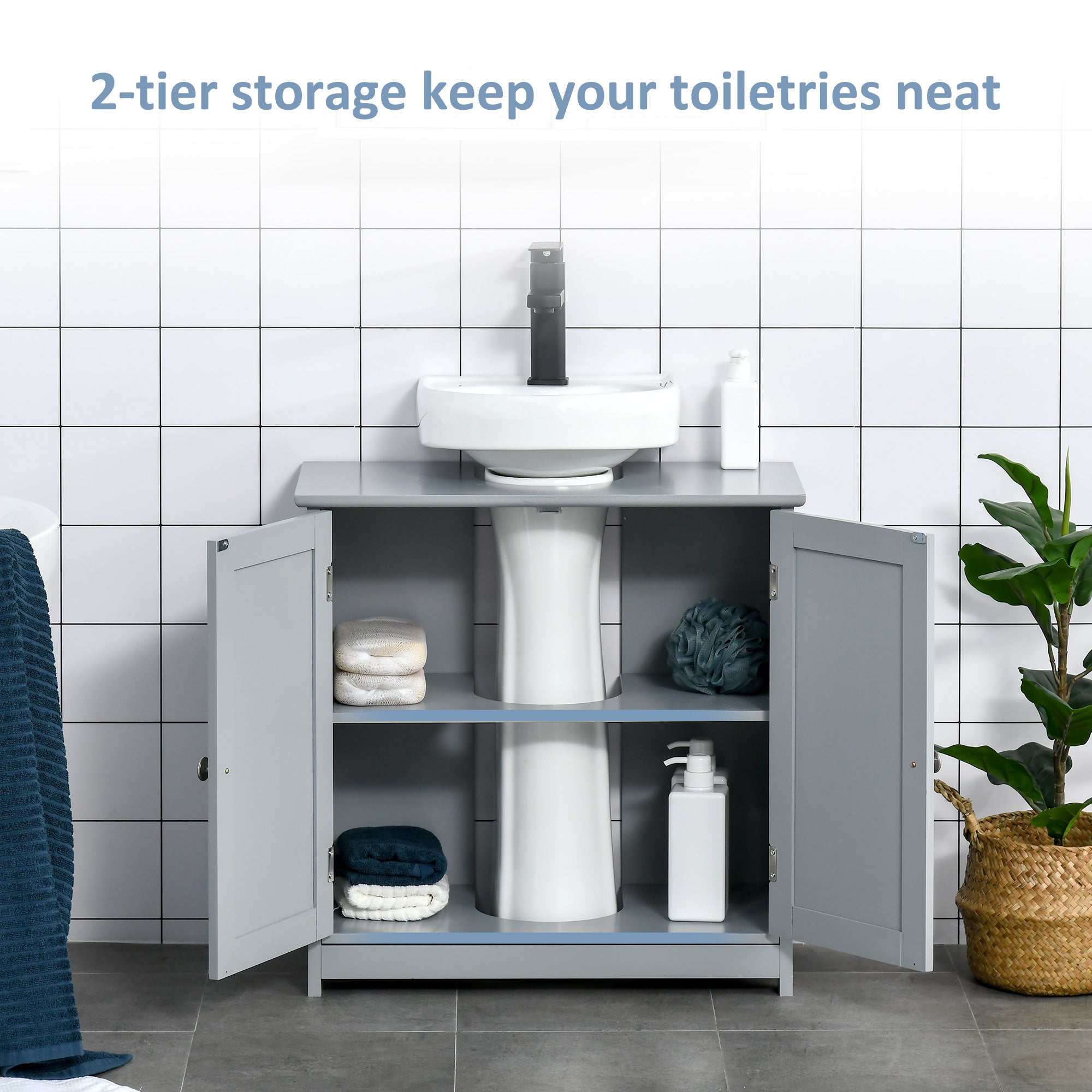 kleankin 60x60cm Under-Sink Storage Cabinet w/ Adjustable Shelf Handles Drain Hole Bathroom Cabinet Space Saver Organizer Grey - North Peak Garden Furniture