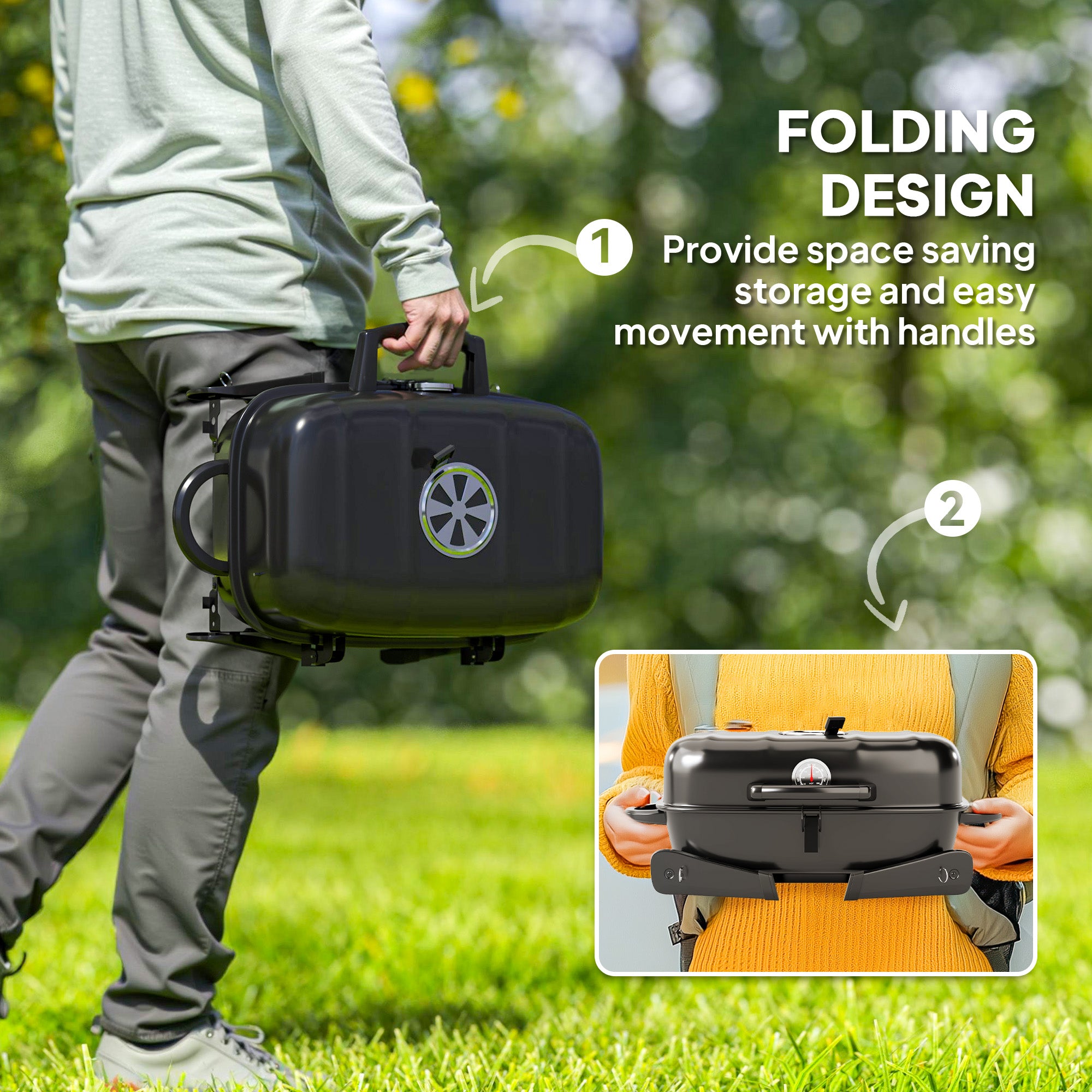 Outsunny Charcoal Barbecue Grill Folding BBQ Grill with 1232 cm² Cooking Area, Adjustable Vent, Thermometer, Handles for Camping Picnic, Black - North Peak Garden Furniture