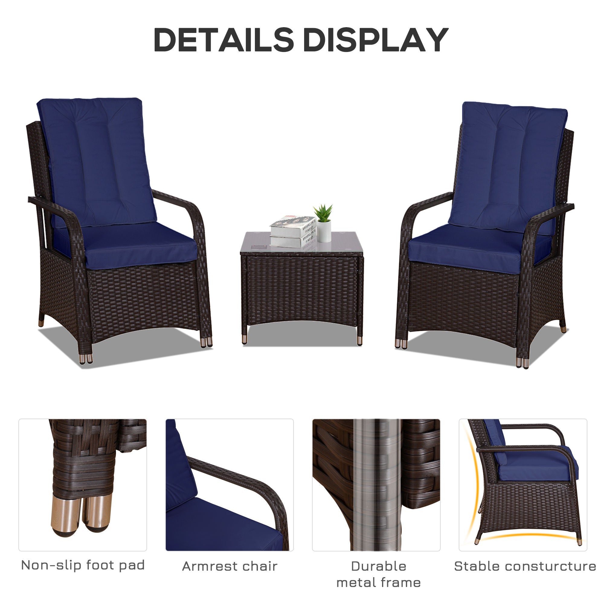 Outsunny 3 Pieces Rattan Bistro Set with Furniture Cover, Wicker Garden Furniture Set, Glass Top Coffee Table and Chairs with Cushions for Outdoor, Patio, Balcony, Dark Blue - North Peak Garden Furniture