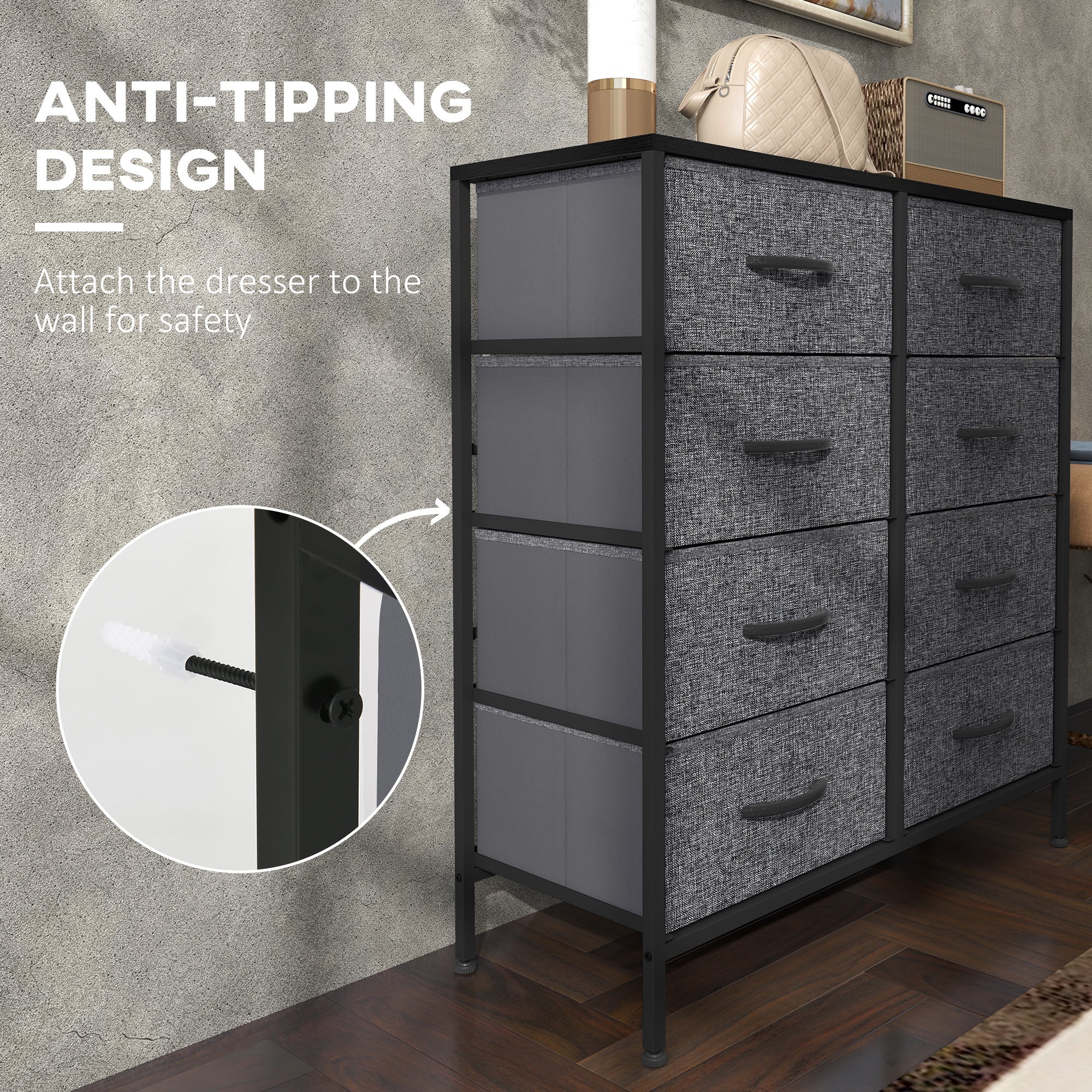 HOMCOM Fabric Chest of Drawers, Storage Drawers, Industrial Bedroom Dresser with 8 Fabric Drawers, Steel Frame and Wooden Top for Nursery, Living Room, Hallway, Black - North Peak Garden Furniture