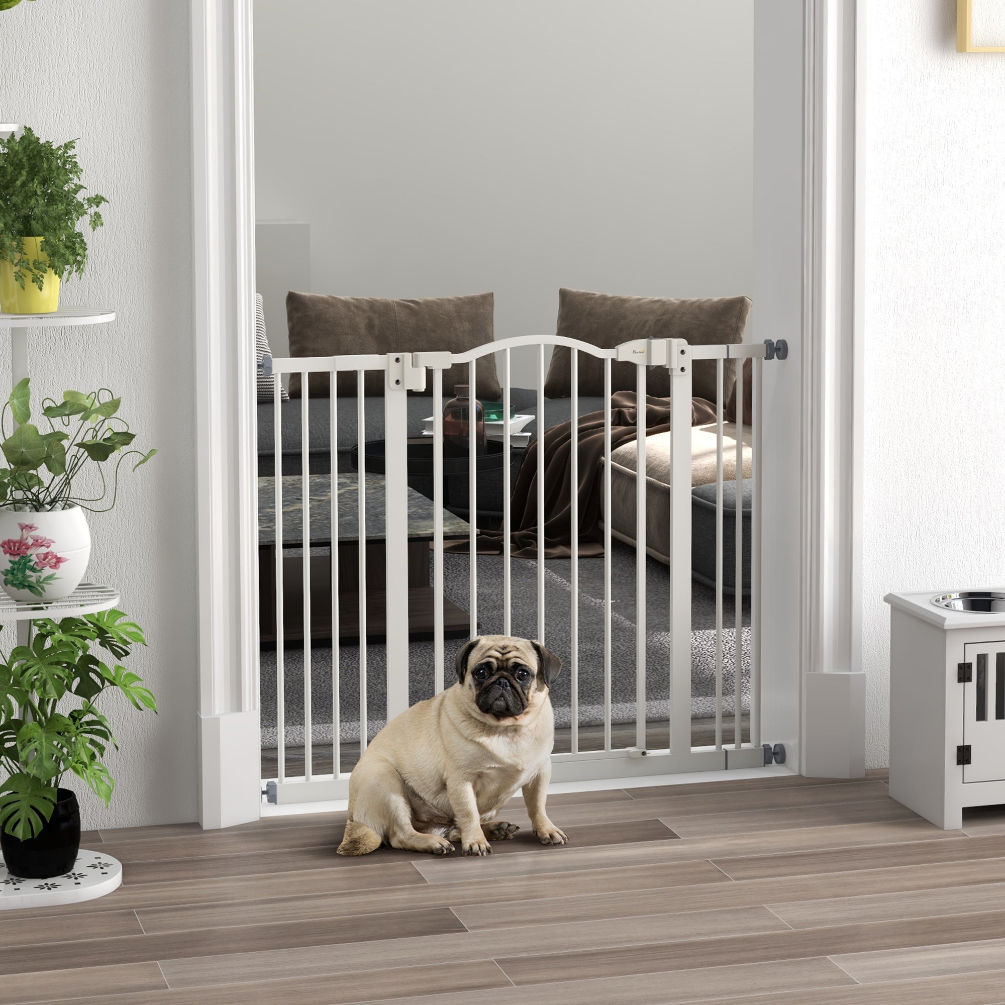 PawHut Metal 74-100cm Adjustable Pet Gate Safety Barrier w/ Auto-Close Door White - North Peak Garden Furniture
