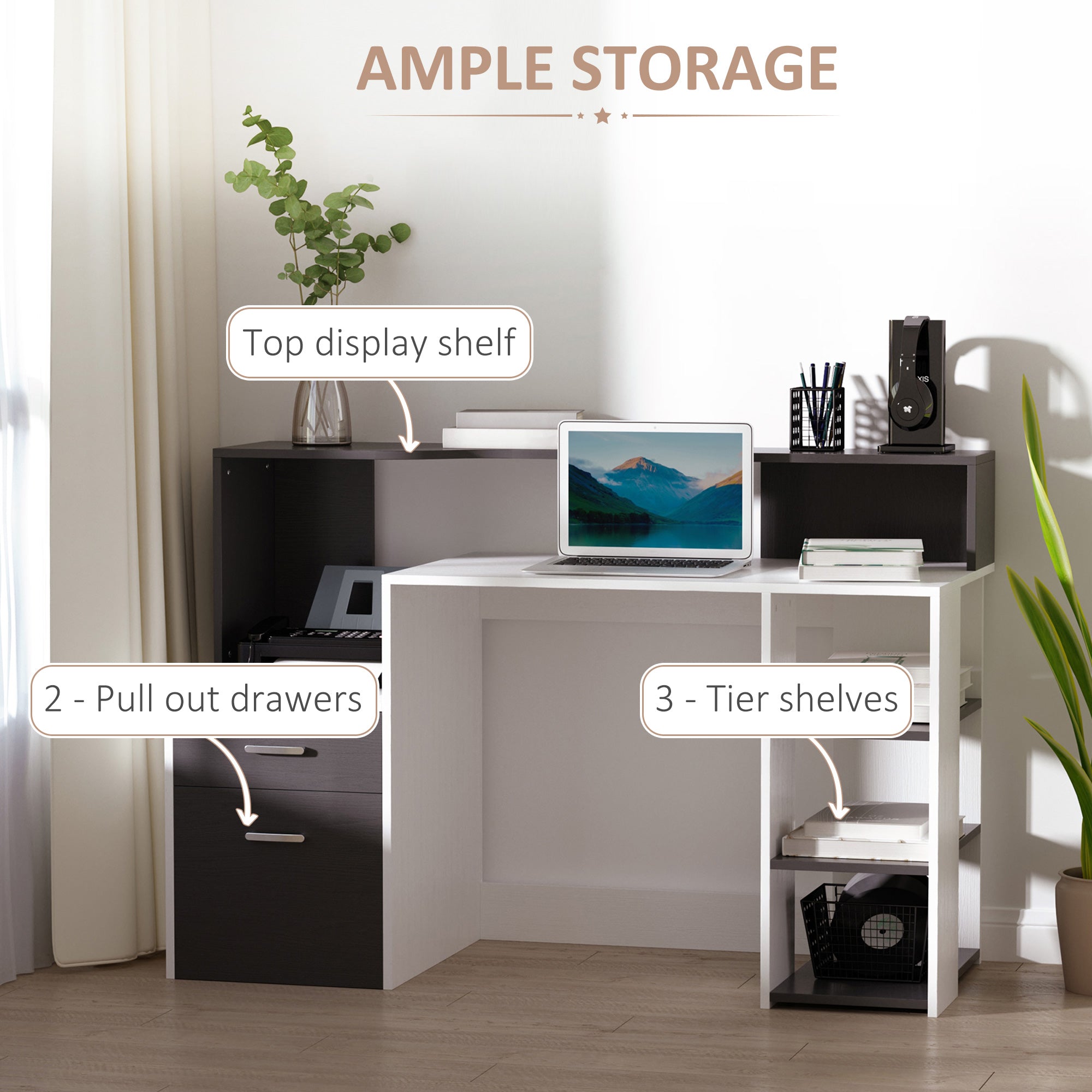 HOMCOM Computer Desk with Drawers and Storage Shelves, Reception Desk, Study Workstation for Home Office, 137 x 55 x 92cm, Black and White - North Peak Garden Furniture