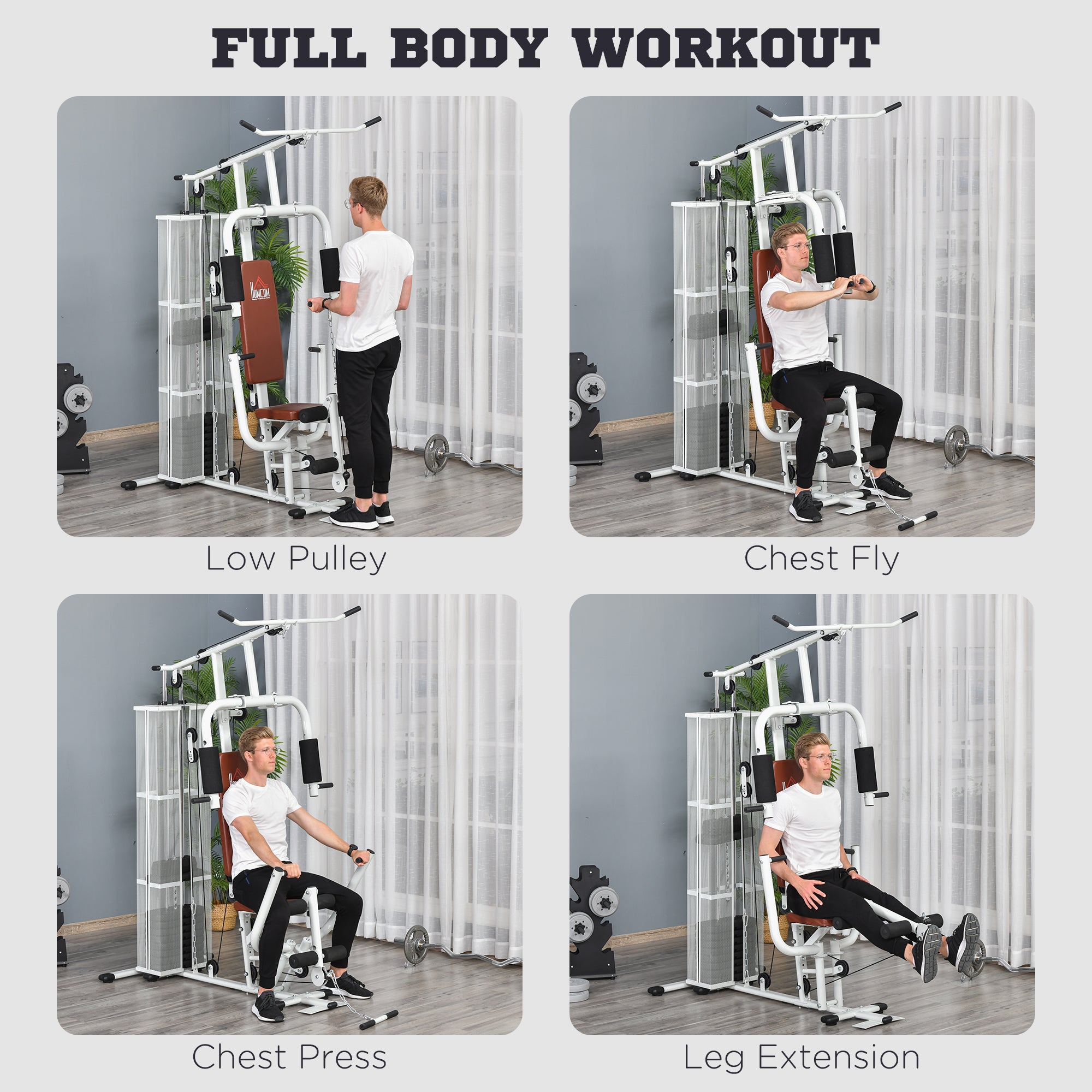 HOMCOM Multifunction Home Gym Weight Training Workout Station Fitness Strength Machine, White - North Peak Garden Furniture
