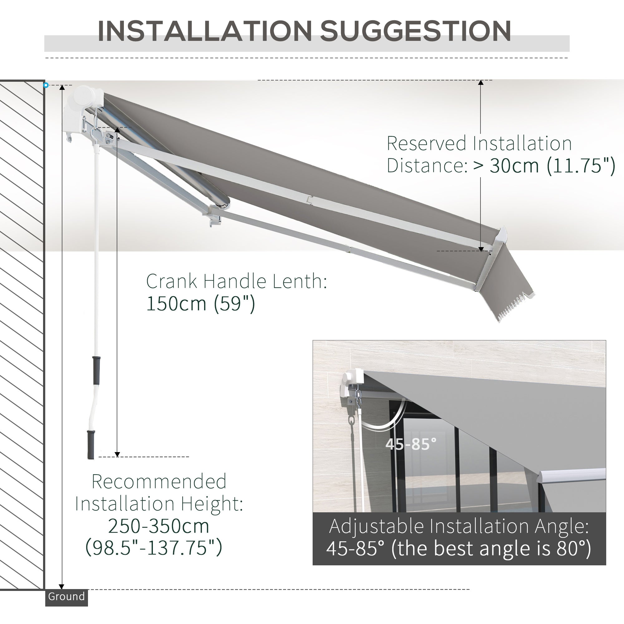 Outsunny 4x2.5m Retractable Manual Awning Window Door Sun Shade Canopy with Fittings and Crank Handle Light Grey