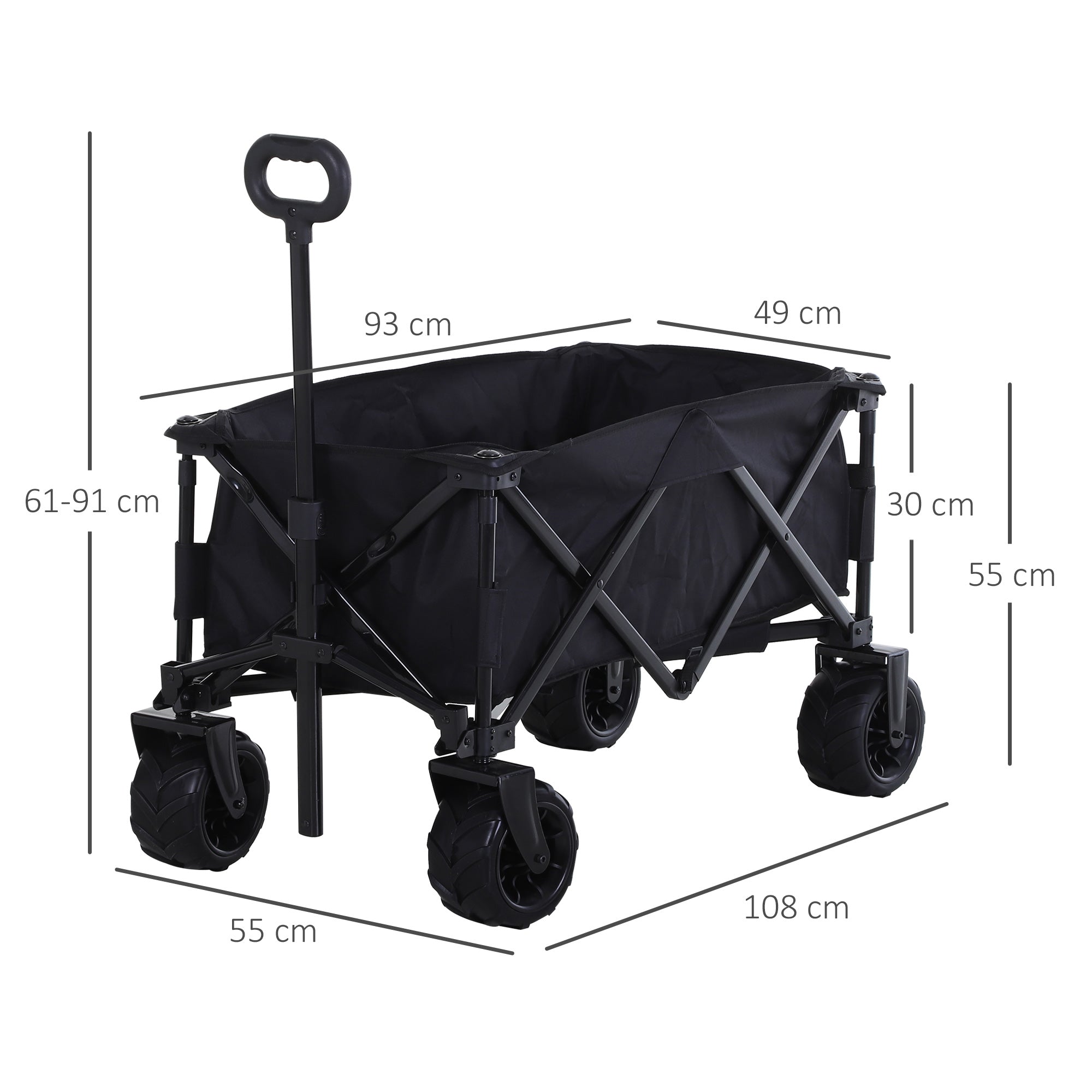 Outsunny Outdoor Folding Garden Trolley on Wheels, Capming Cargo Wagon Cart Trailer w/ Handle, Wheels for Beach Garden, Black