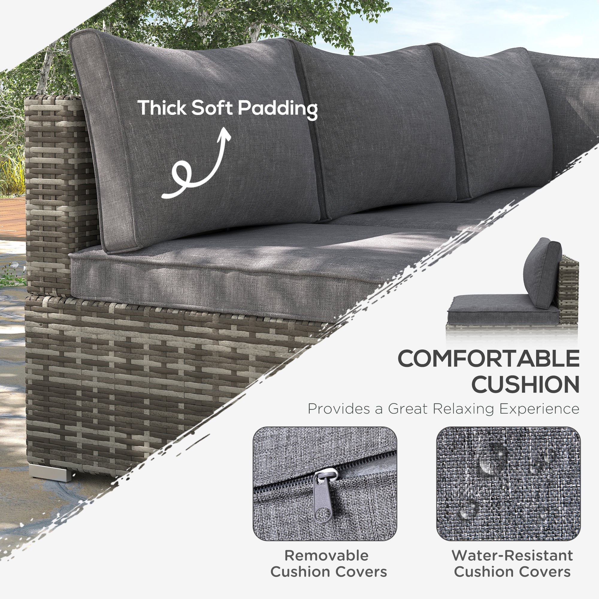 Outsunny Outdoor PE Rattan Furniture with Cushions, Garden Armless Chair with Adjustable Footpads and Back Support Cushion, for Garden, Yard, Terrace, Deep Grey - North Peak Garden Furniture