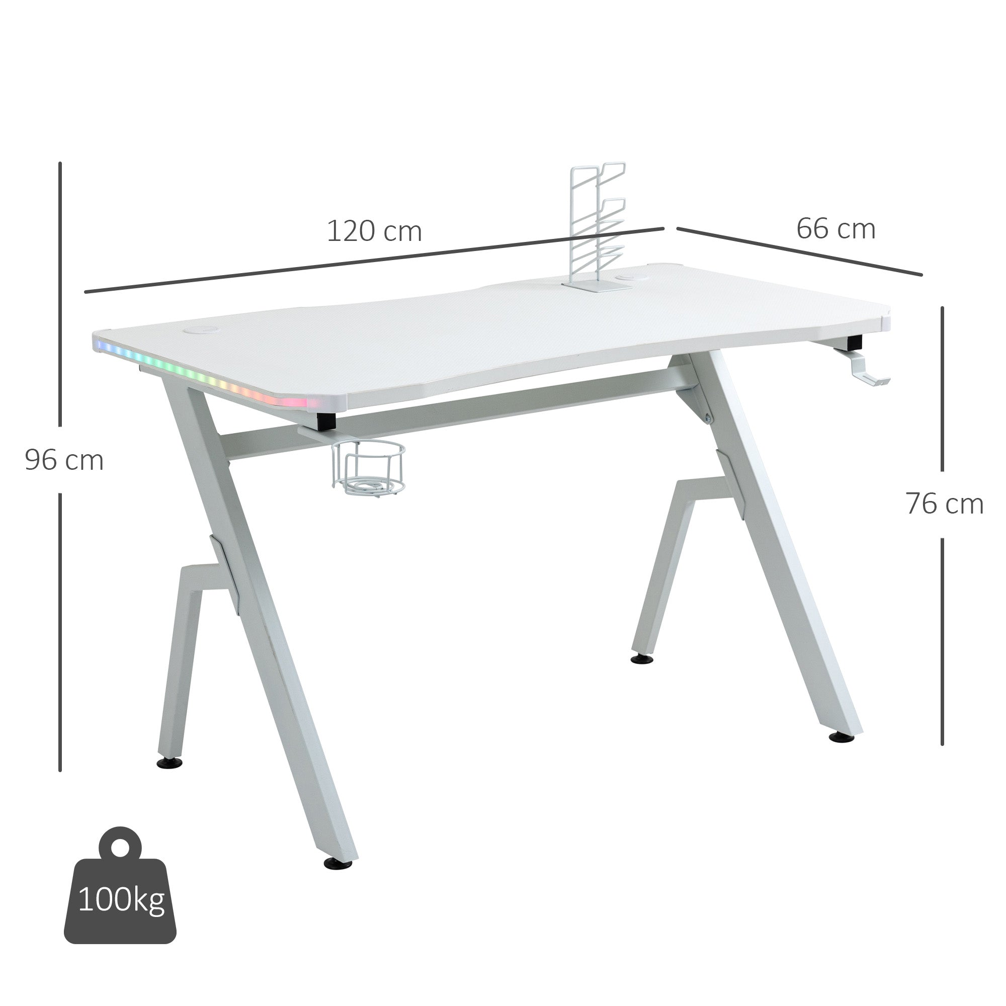 HOMCOM RGB 120 x 66cm Gaming Desk, Computer Table with Carbon Fibre Surface, Headphone Hook, Cup Holder, Controller Rack, Home Office Desk, White - North Peak Garden Furniture