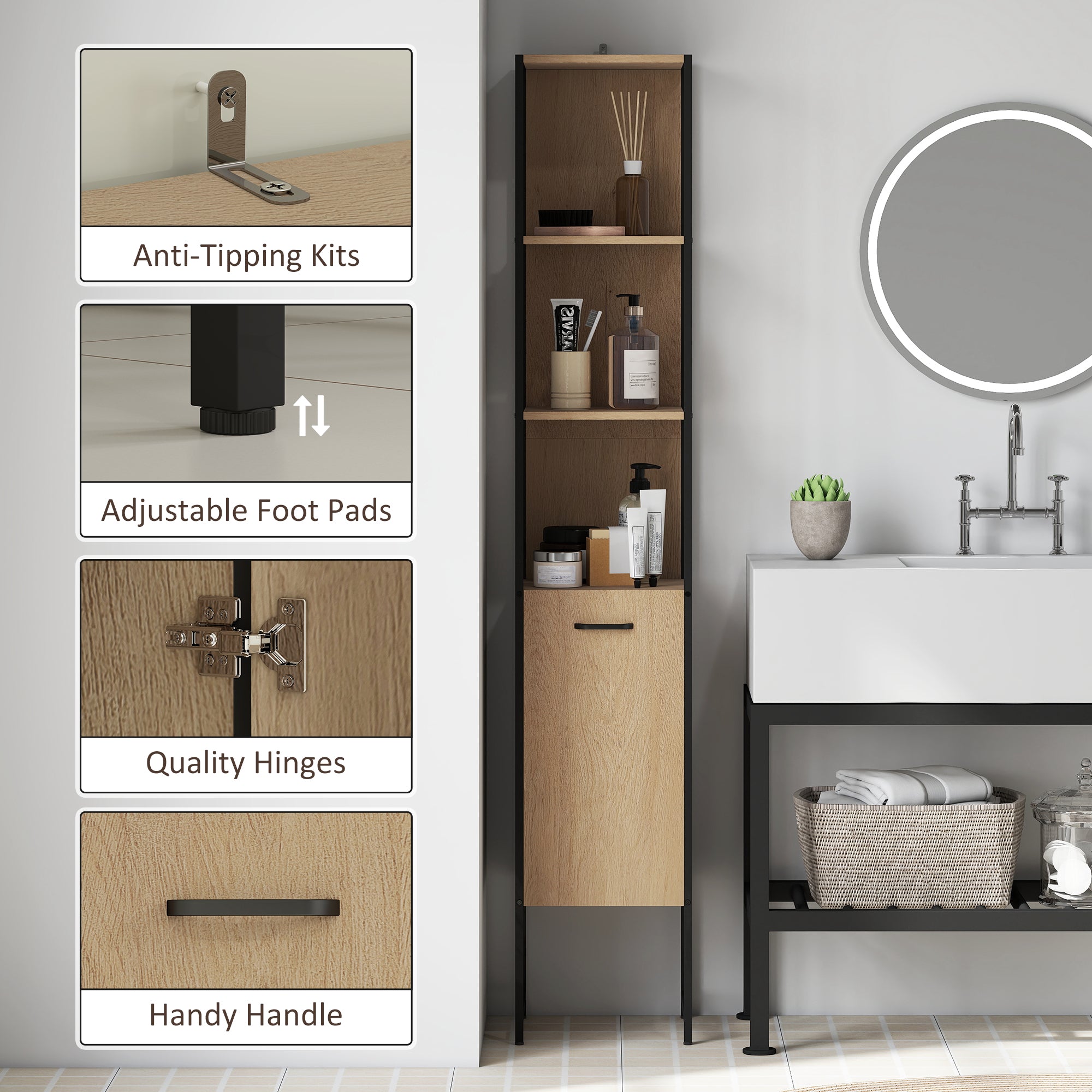 HOMCOM Tall Bathroom Cabinet with Open Shelves and Adjustable Shelf - Natural Wood Finish - North Peak Garden Furniture
