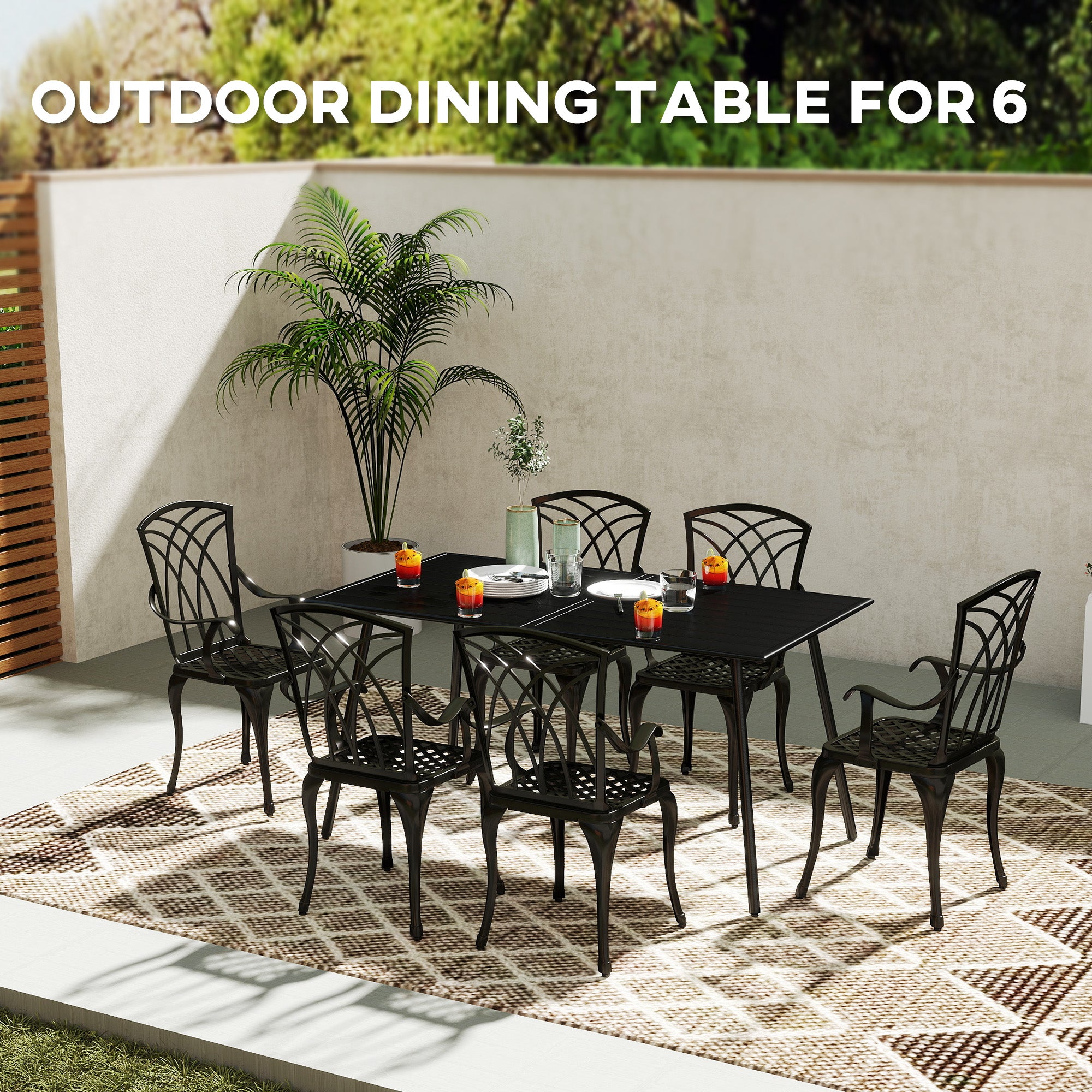 Outsunny Rectangle Garden Table with Slat Top, Steel Frame, Outdoor Table for 6 Person, 150 x 80 x 74 cm, Black - North Peak Garden Furniture