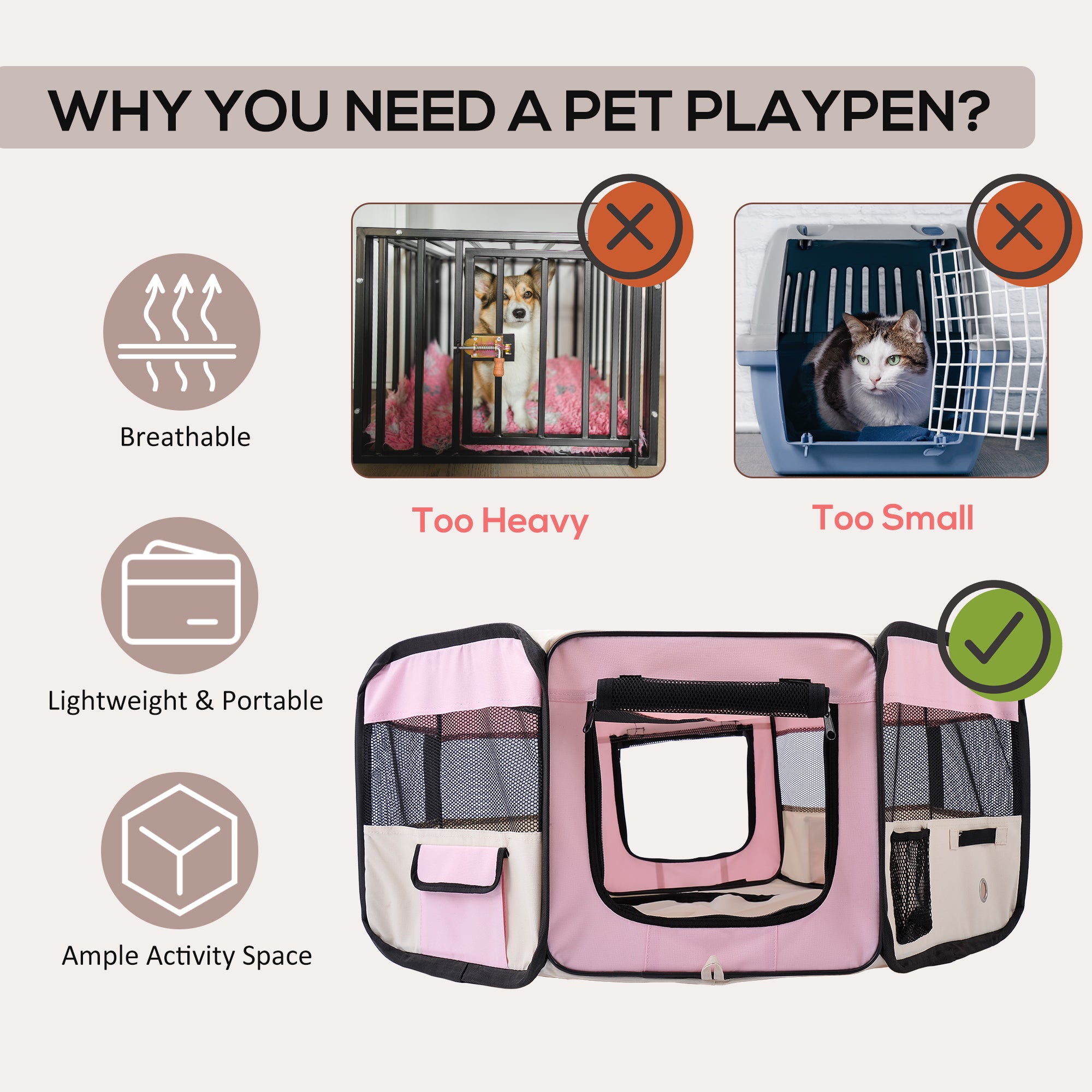 PawHut Playpen for Small Pets, Fabric Construction, Ideal for Puppies, Cats, Rabbits, Guinea Pigs, Dia90 x 41H cm, Pink and Cream