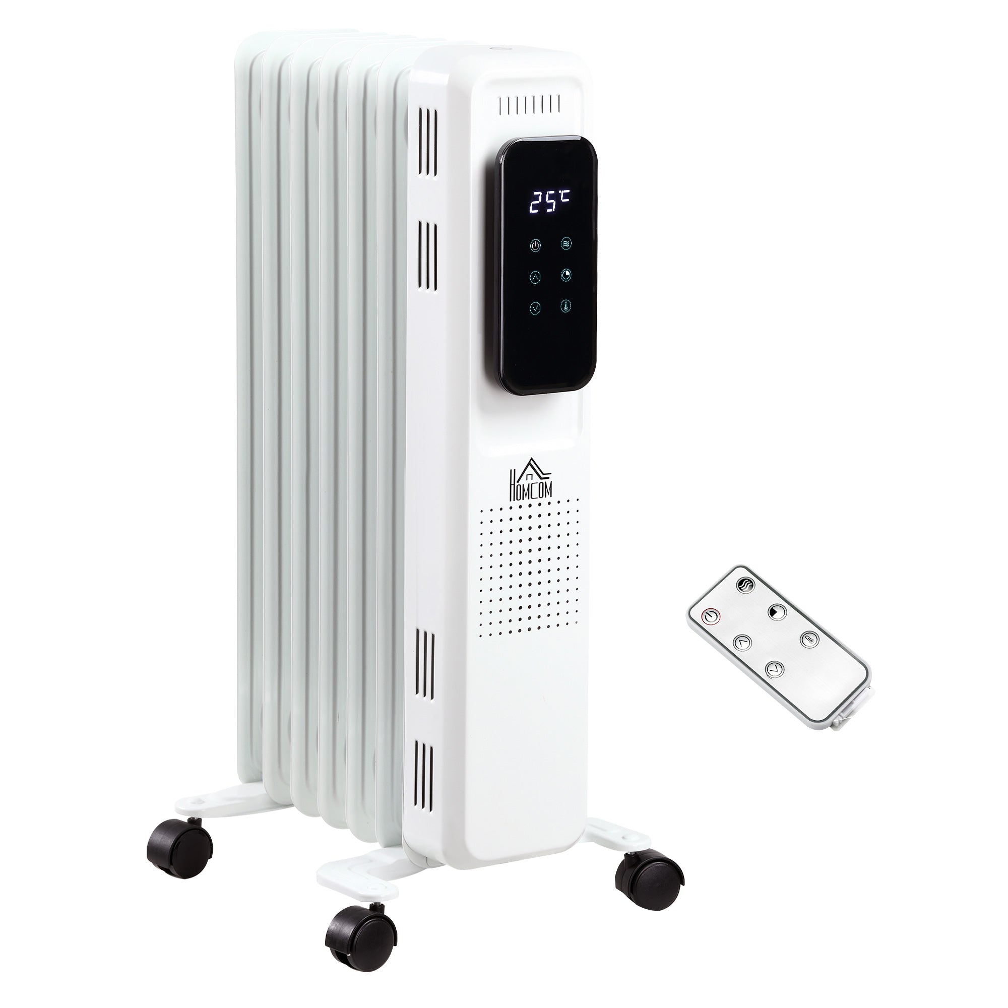 HOMCOM 1500W Oil Filled Radiator, 7 Fin Portable Electric Heater with LED Display, 24H Timer, 3 Heat Settings, Adjustable Thermostat, Safety Cut off, Remote Control, White - North Peak Garden Furniture