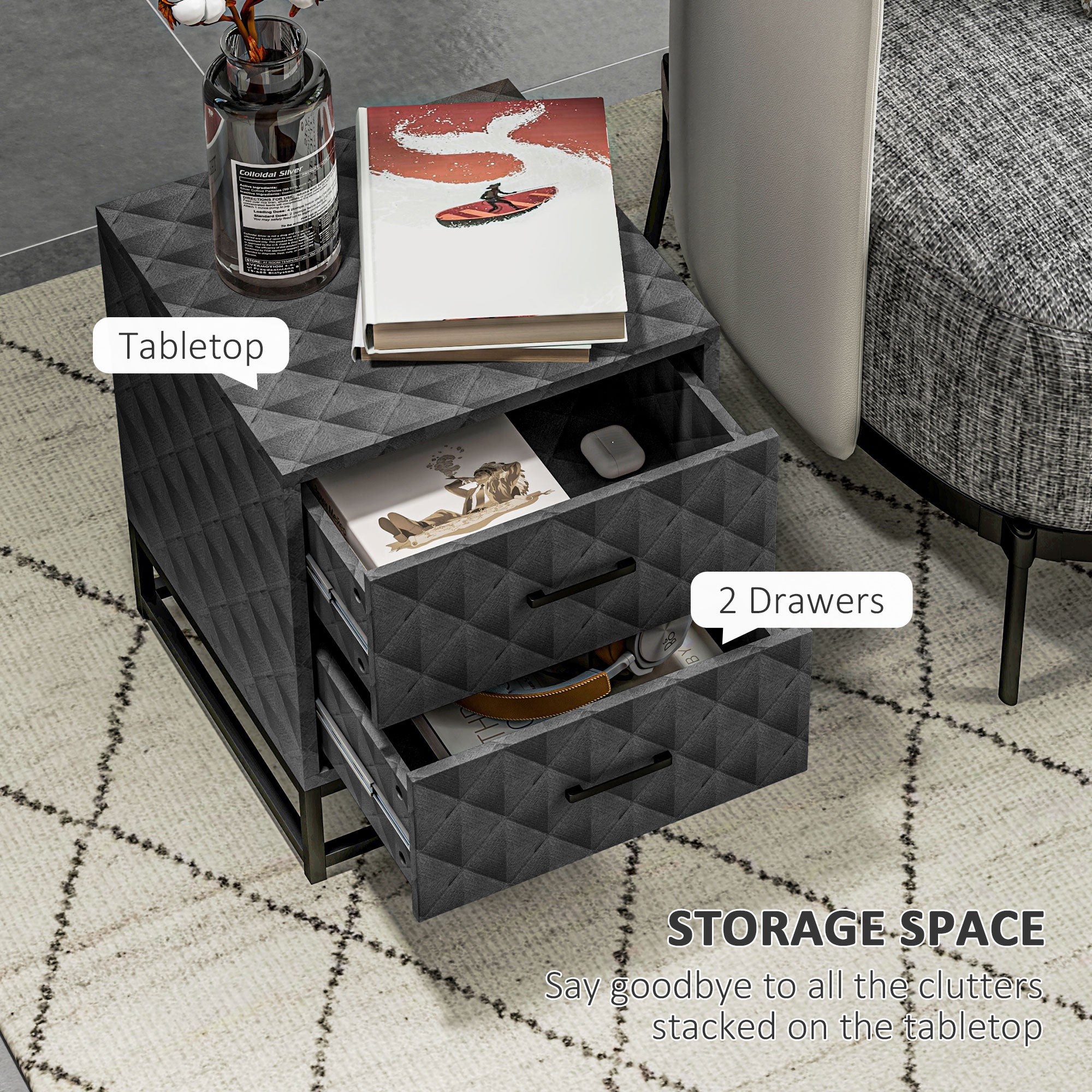 HOMCOM Bedside Tables Set of 2, Modern Bedside Table Nightstand with 2 Drawers, Bedside Cabinet Sofa Side Table with Storage, Steel Legs for Bedroom, Living Room, Grey - North Peak Garden Furniture
