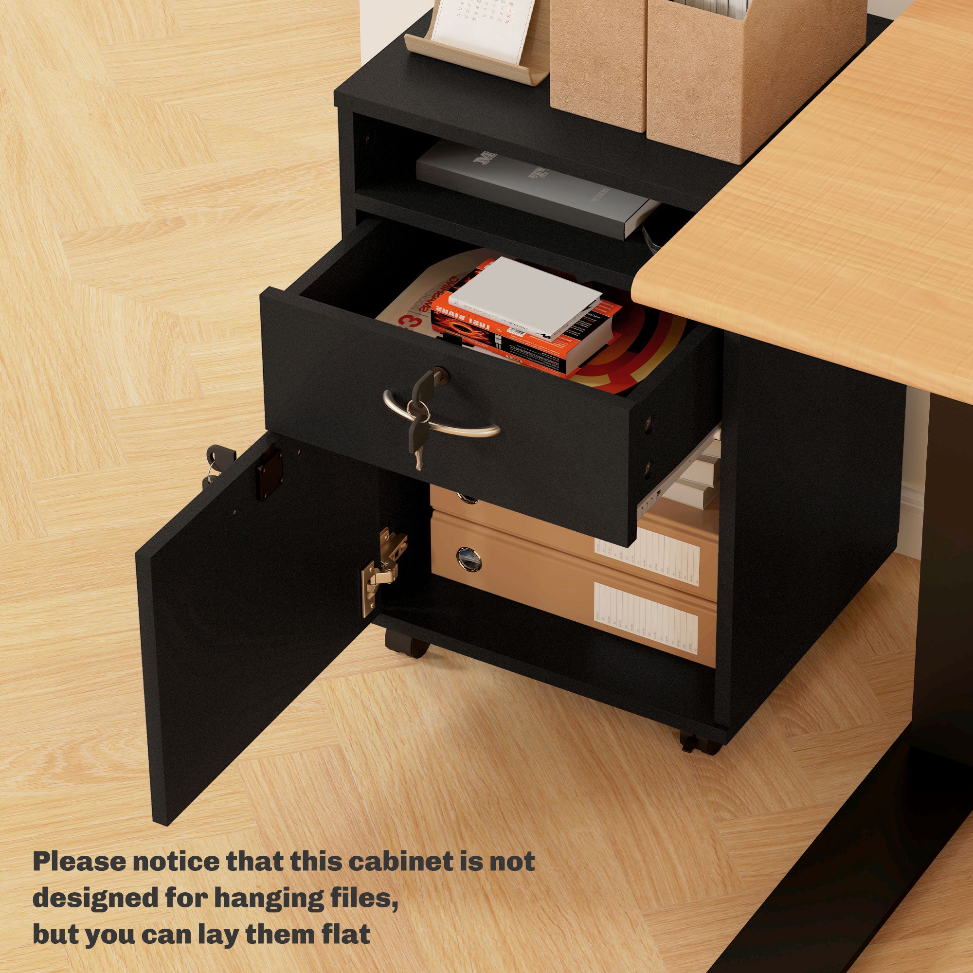 HOMCOM 60cm Filing Cabinet with Drawer, Open Shelf, Metal Handles and 4 Wheels, Office Home Organiser Mobile Printer with Two Locks, Black - North Peak Garden Furniture