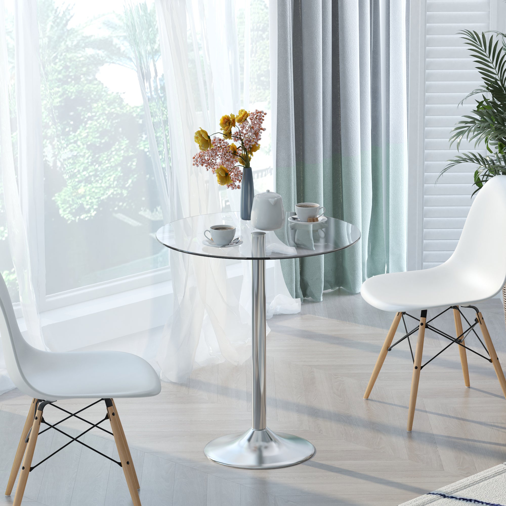 HOMCOM Round Dining Table, Modern Dining Room Table with Tempered Glass Top, Steel Base, Space Saving Small Bar Table - North Peak Garden Furniture