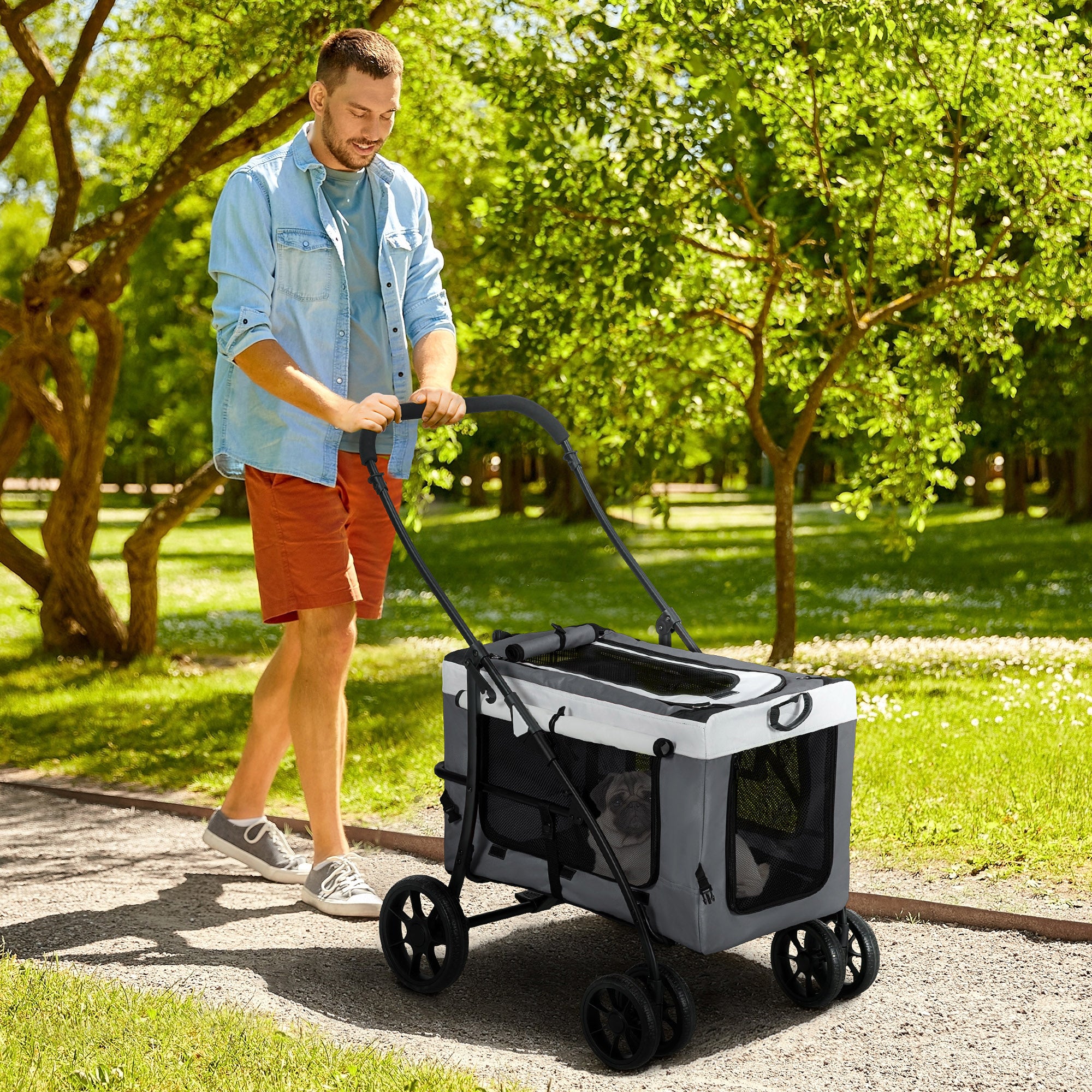 PawHut Foldable Dog Stroller, Pet Travel Crate, with Detachable Carrier, Soft Padding, for Mini, Small Dogs - Grey - North Peak Garden Furniture