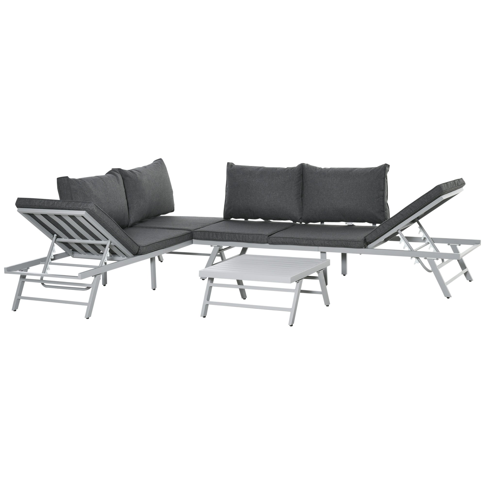 Outsunny 3 Pieces Garden Furniture Sets, 6 Seater Corner Sofa Set with Adjustable Backrest Chase Lounge with Slatted Metal Top Table, Padded Cushion, Grey - North Peak Garden Furniture